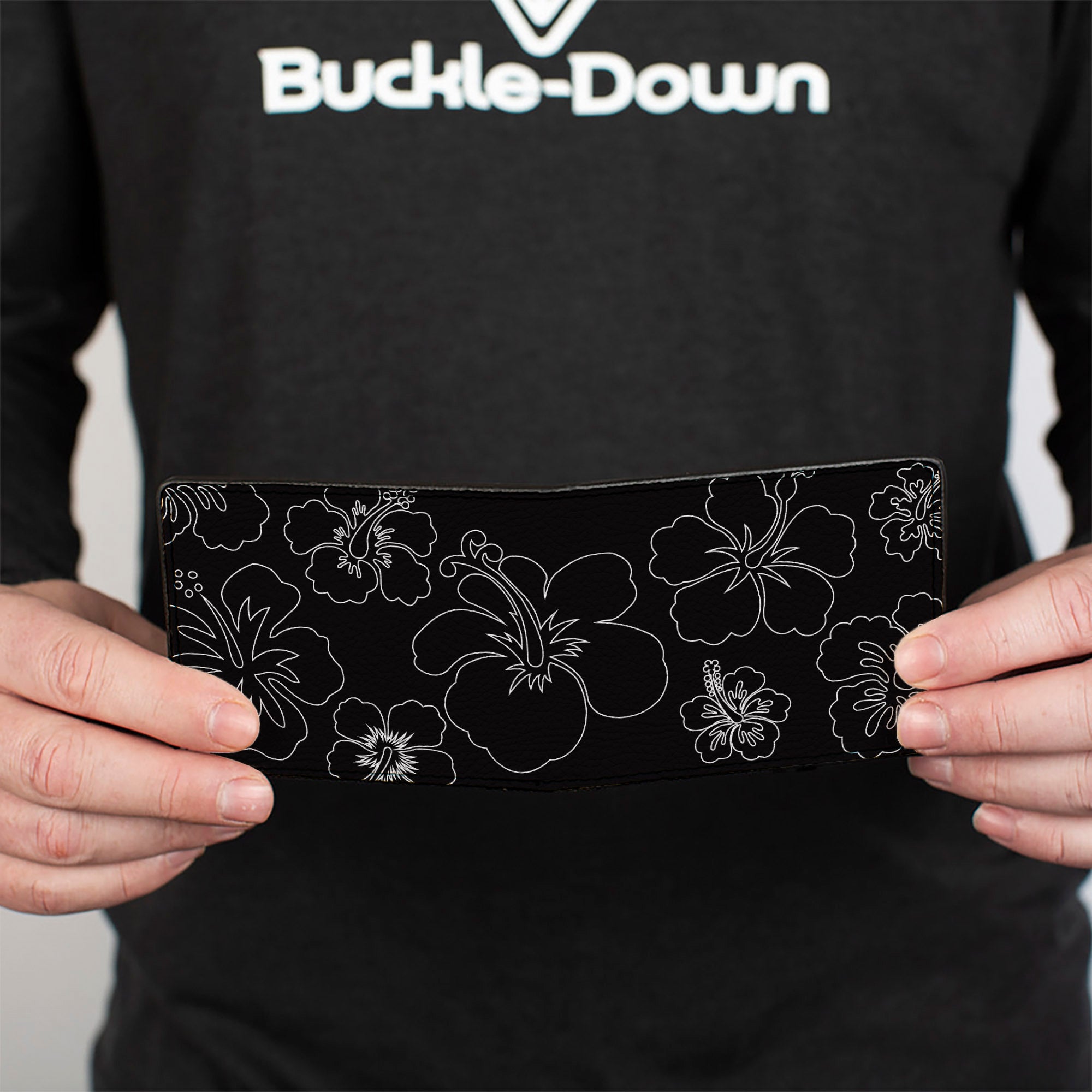 Bi-Fold Wallet - Hibiscus Outline Black White Bi-Fold Wallets Buckle-Down