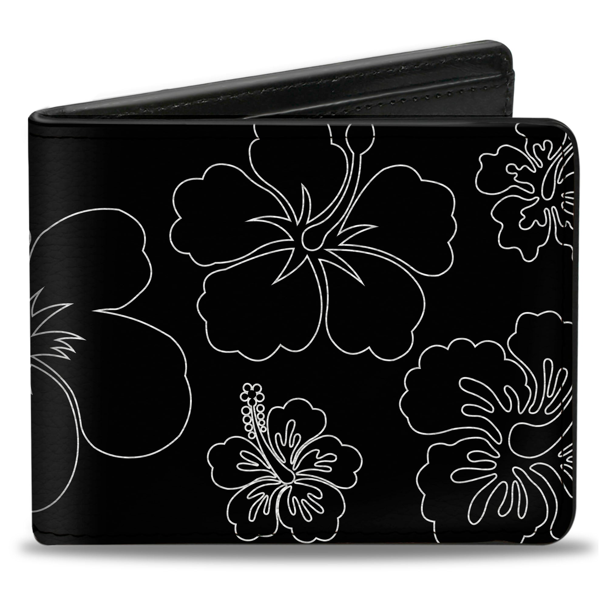 Bi-Fold Wallet - Hibiscus Outline Black White Bi-Fold Wallets Buckle-Down