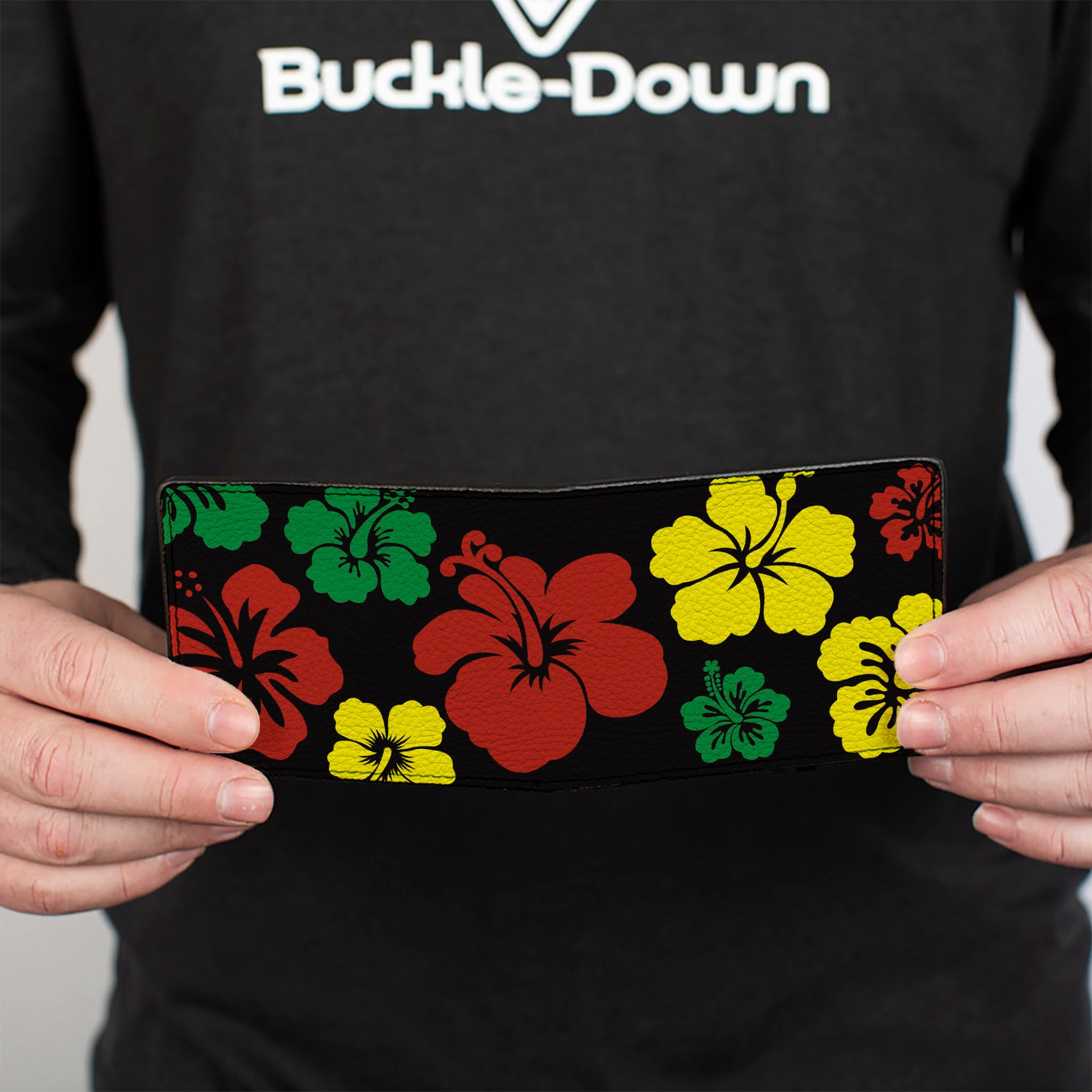 Bi-Fold Wallet - Hibiscus CLOSE-UP Black Green Yellow Red Bi-Fold Wallets Buckle-Down