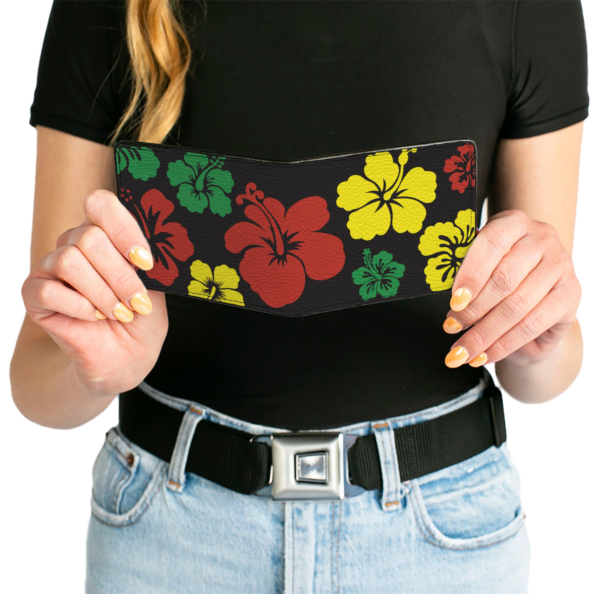 Bi-Fold Wallet - Hibiscus CLOSE-UP Black Green Yellow Red Bi-Fold Wallets Buckle-Down