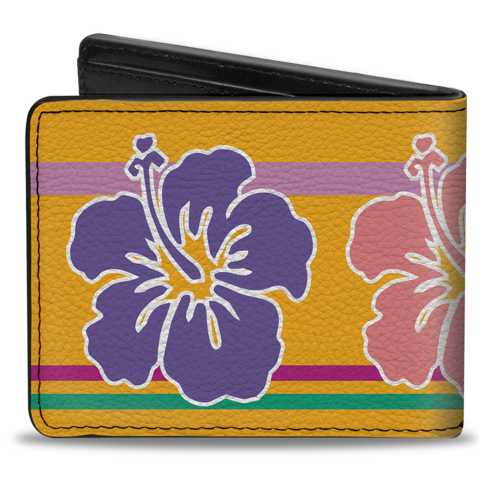 Bi-Fold Wallet - Hibiscus w Stripes Gold Multi Pastel Bi-Fold Wallets Buckle-Down