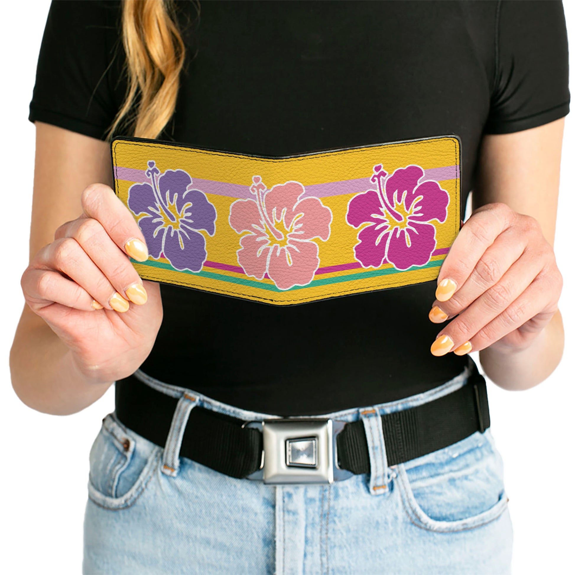 Bi-Fold Wallet - Hibiscus w Stripes Gold Multi Pastel Bi-Fold Wallets Buckle-Down
