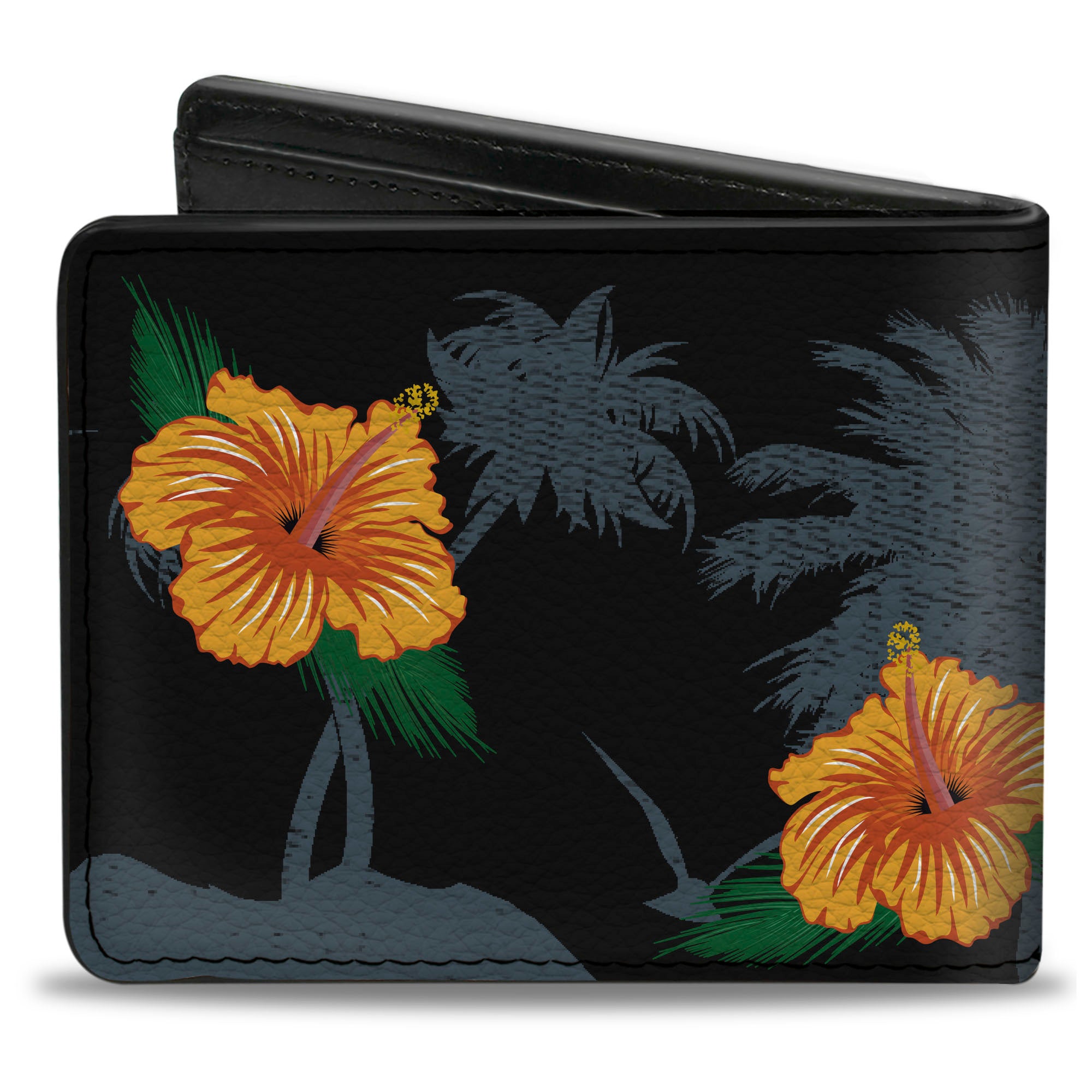 Bi-Fold Wallet - Hibiscus Flowers Palm Trees Black Green Orange Bi-Fold Wallets Buckle-Down