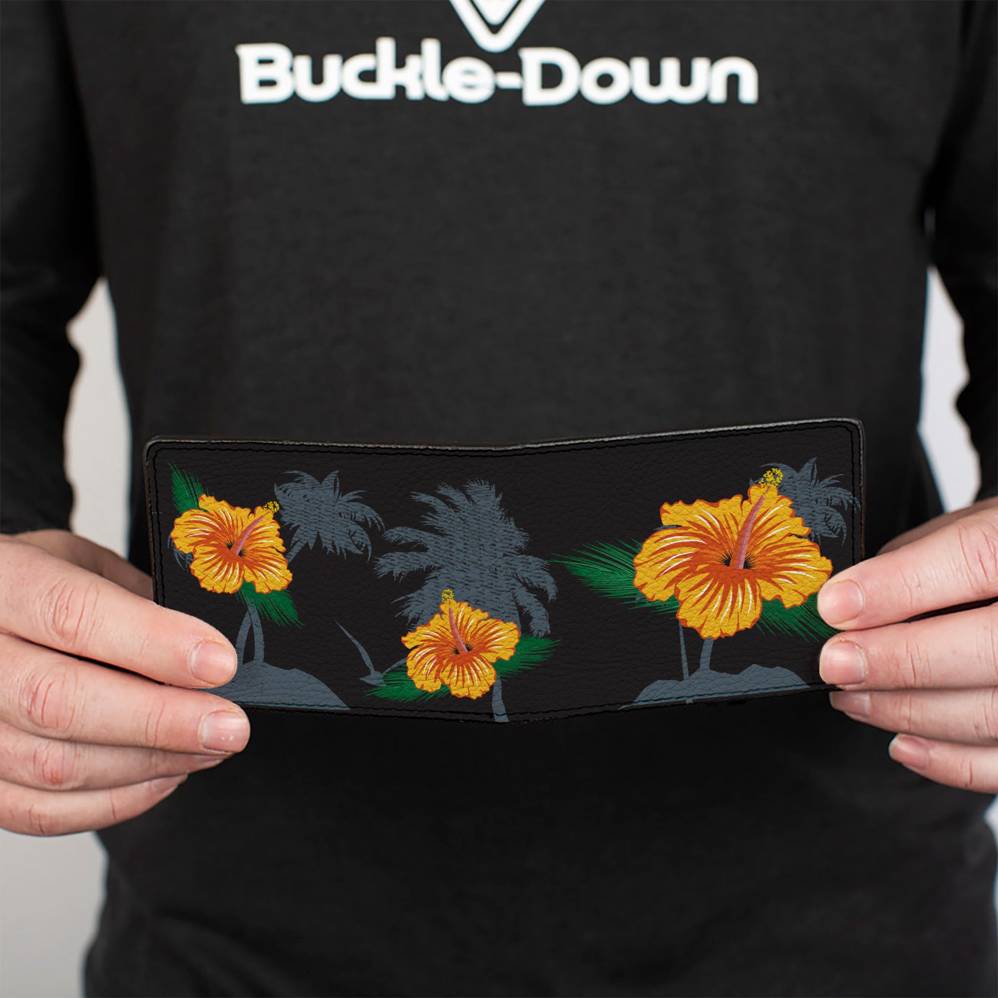 Bi-Fold Wallet - Hibiscus Flowers Palm Trees Black Green Orange Bi-Fold Wallets Buckle-Down