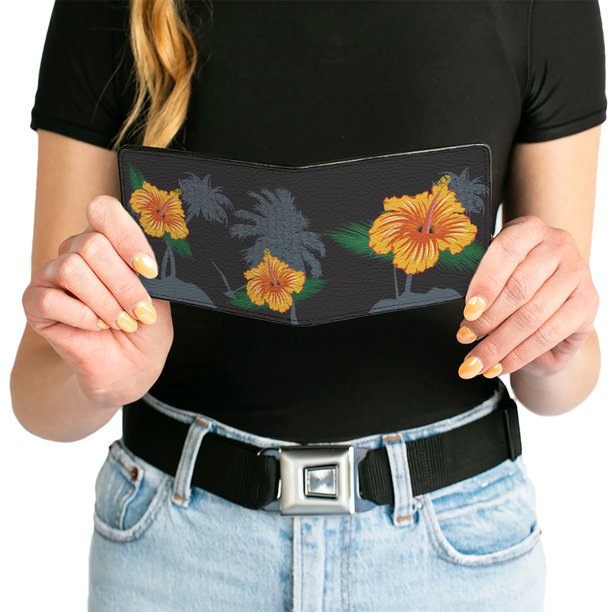 Bi-Fold Wallet - Hibiscus Flowers Palm Trees Black Green Orange Bi-Fold Wallets Buckle-Down