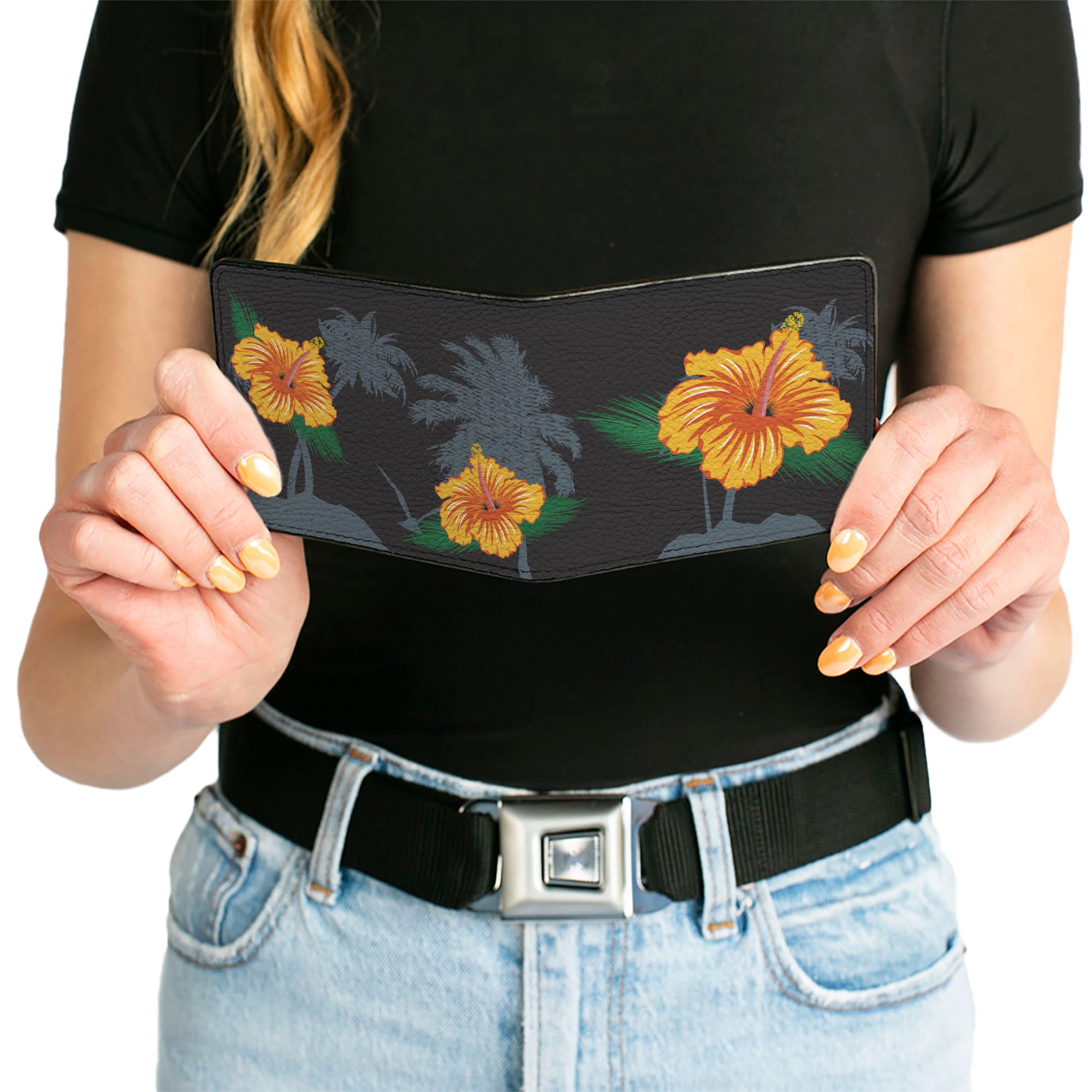 Bi-Fold Wallet - Hibiscus Flowers Palm Trees Black Green Orange Bi-Fold Wallets Buckle-Down