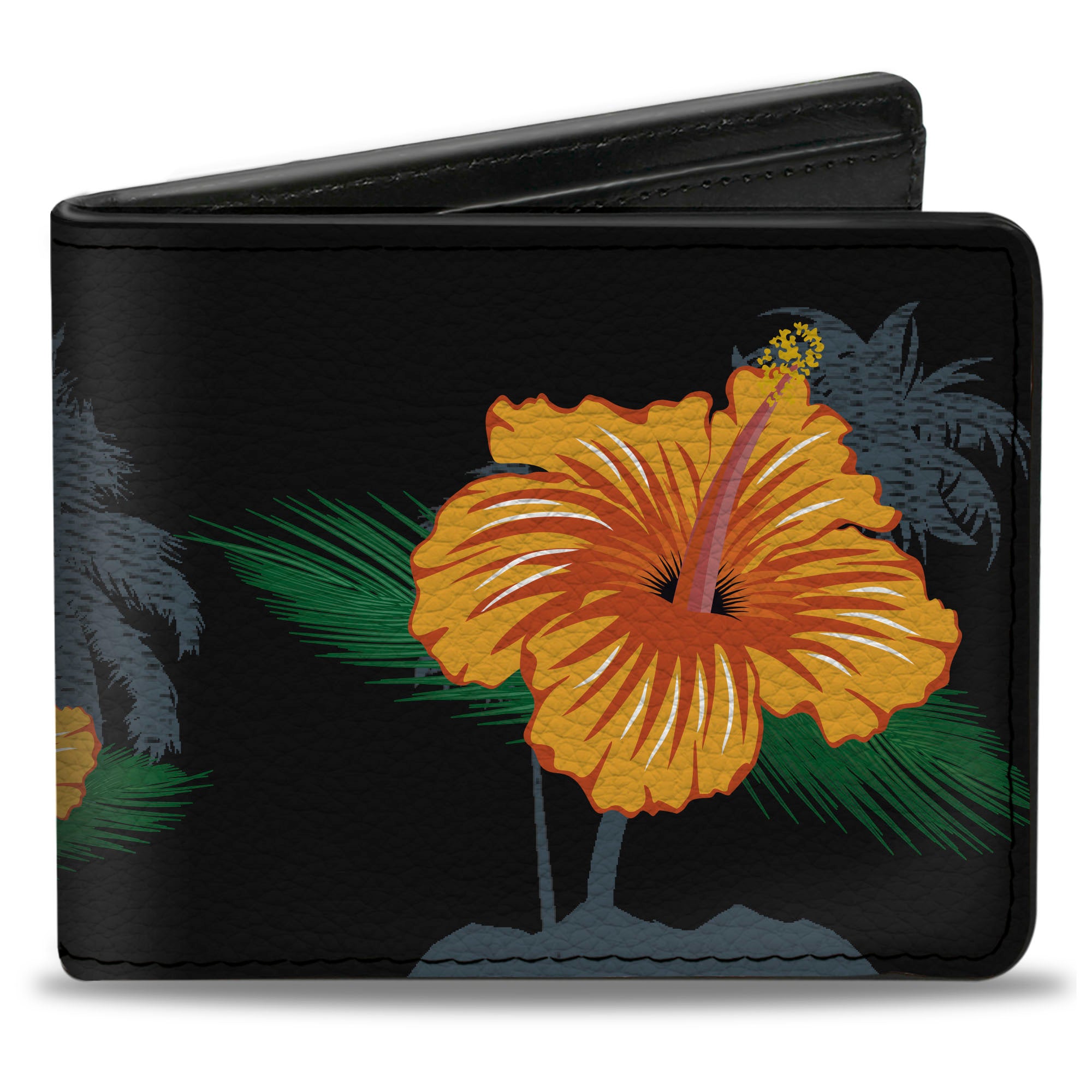 Bi-Fold Wallet - Hibiscus Flowers Palm Trees Black Green Orange Bi-Fold Wallets Buckle-Down