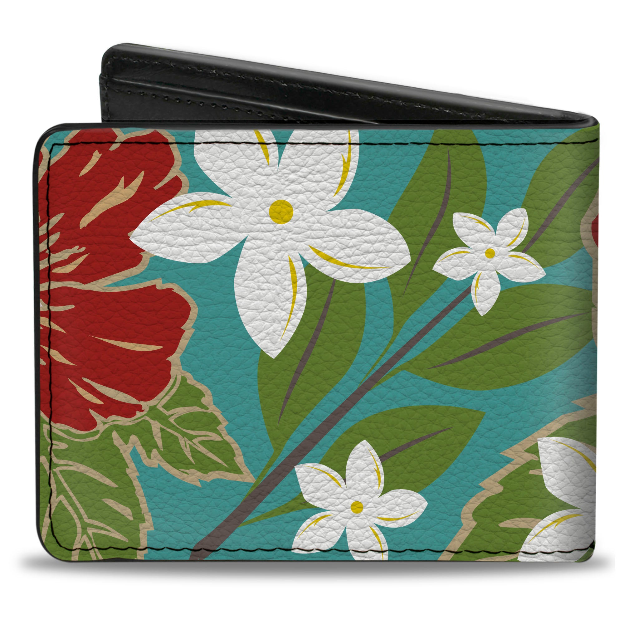 Bi-Fold Wallet - Hibiscus & Plumerias Turquoise Green Red White Bi-Fold Wallets Buckle-Down
