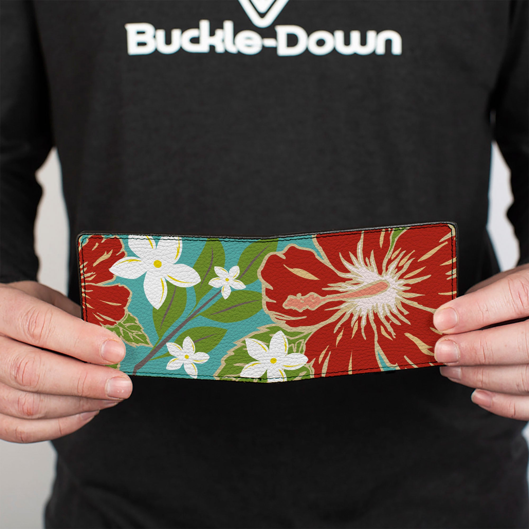 Bi-Fold Wallet - Hibiscus & Plumerias Turquoise Green Red White Bi-Fold Wallets Buckle-Down