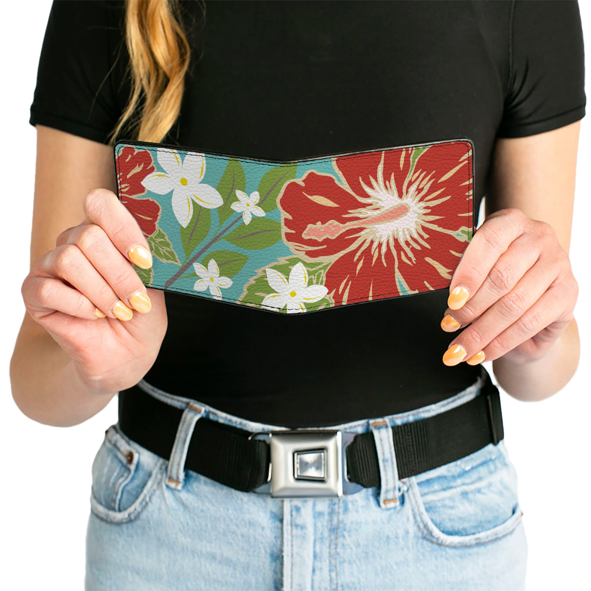 Bi-Fold Wallet - Hibiscus & Plumerias Turquoise Green Red White Bi-Fold Wallets Buckle-Down