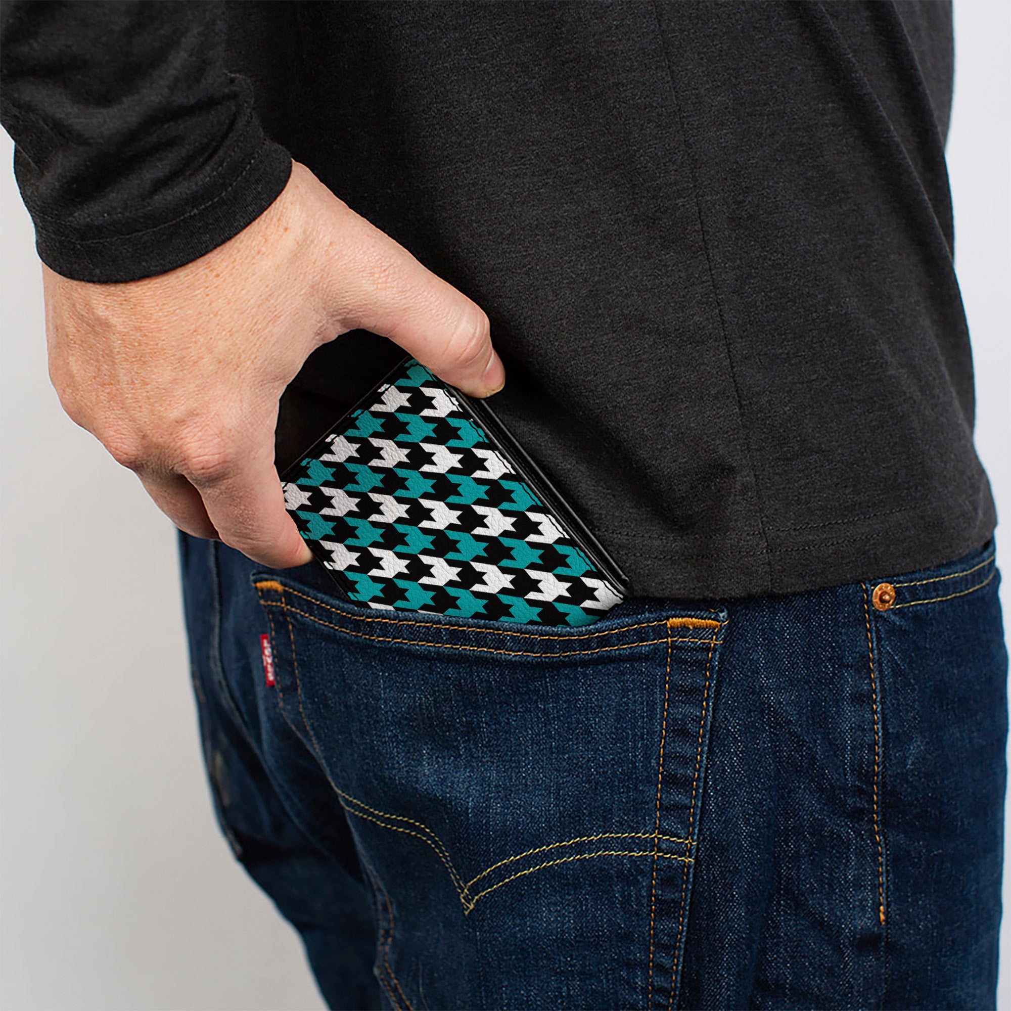 Bi-Fold Wallet - Houndstooth Black White Turquoise Bi-Fold Wallets Buckle-Down