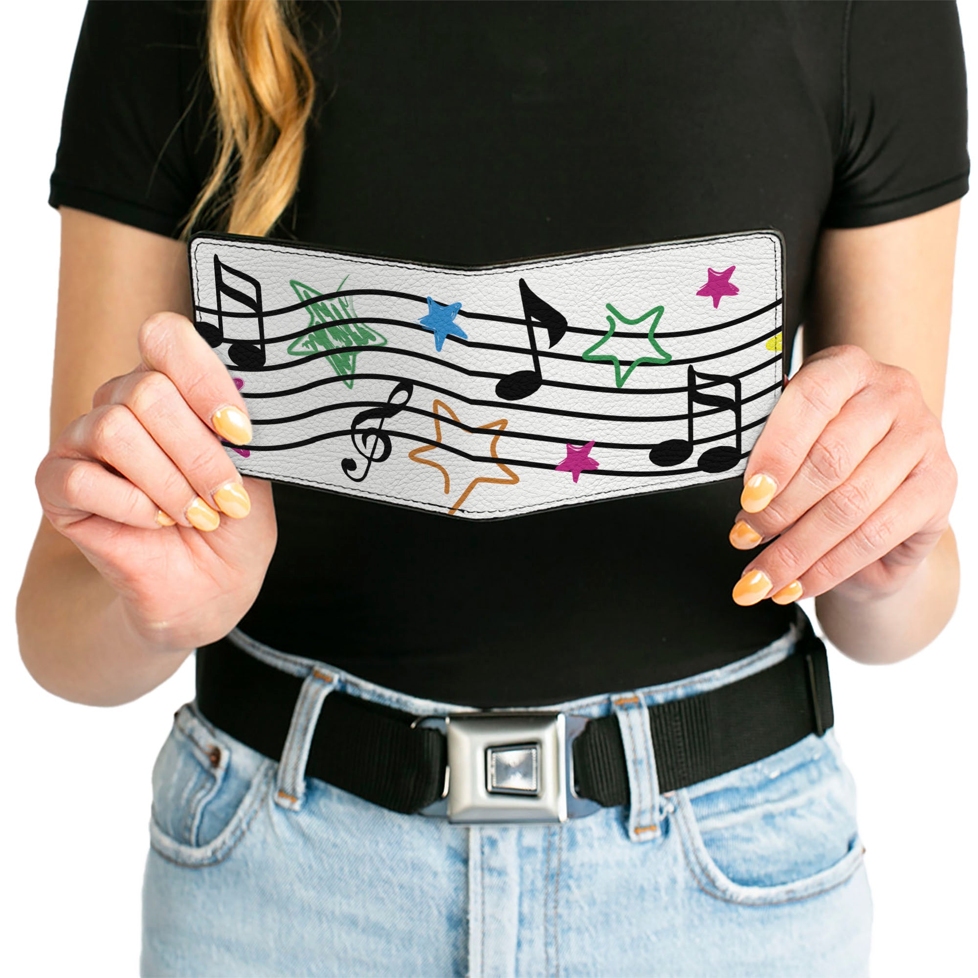 Bi-Fold Wallet - Music Notes Stars White/Black/Multi Color