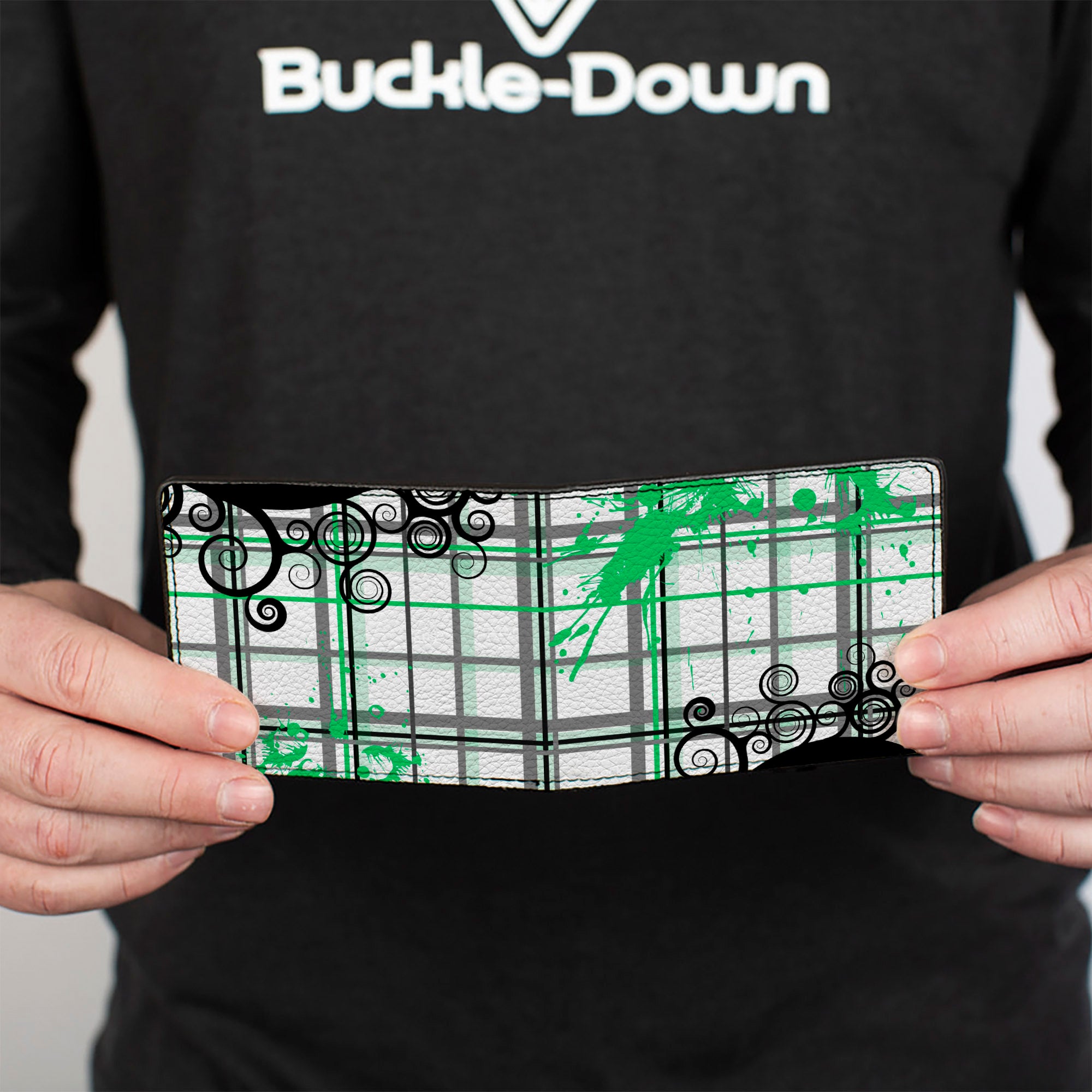 Bi-Fold Wallet - Plaid Curls White/Black/Gray/Green