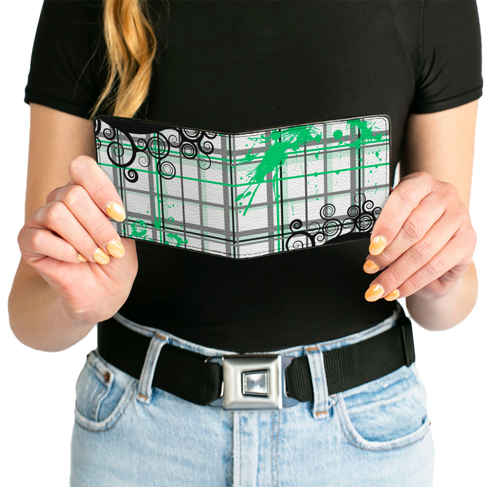 Bi-Fold Wallet - Plaid Curls White/Black/Gray/Green