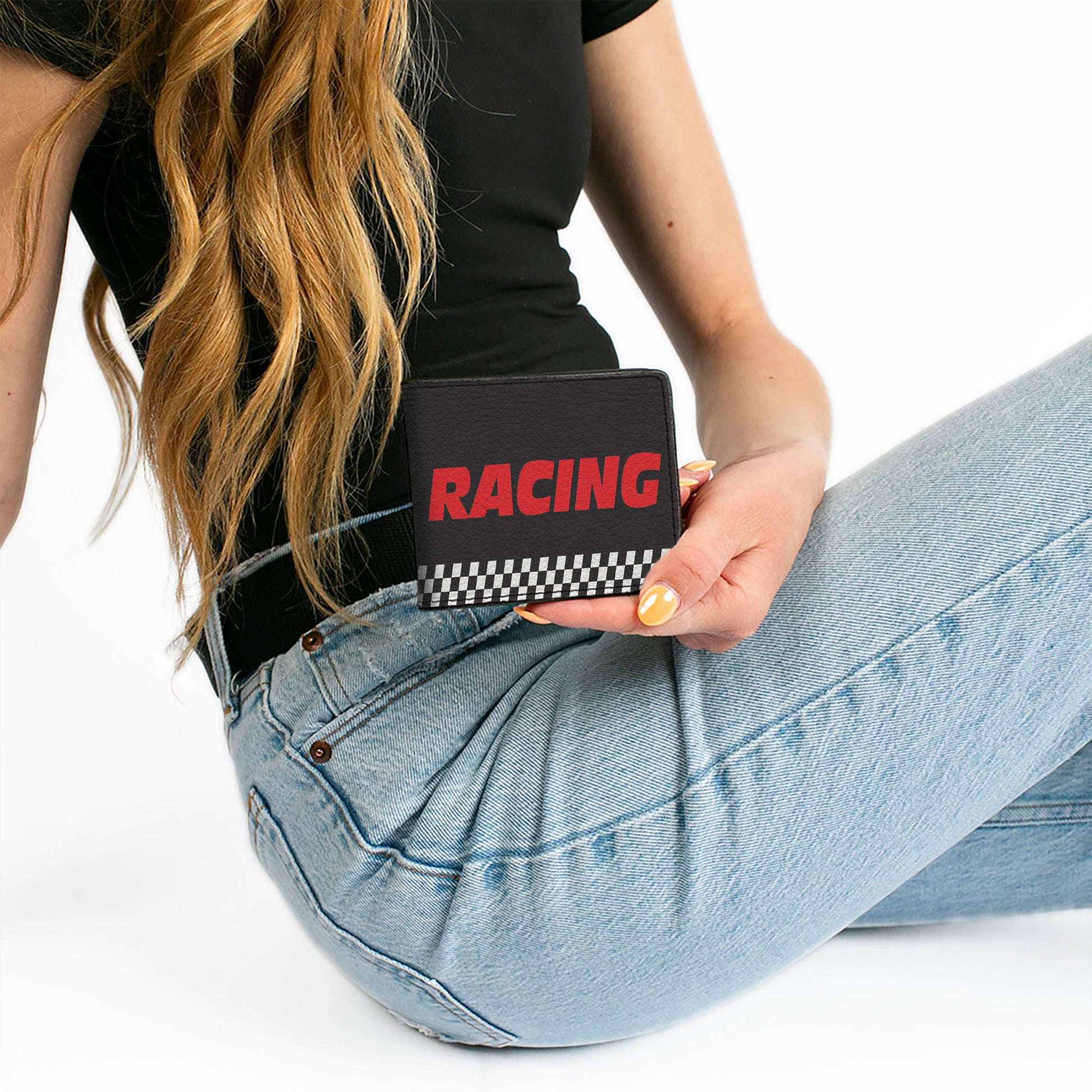 Bi-Fold Wallet - RACING w Checker Black White Red Bi-Fold Wallets Buckle-Down