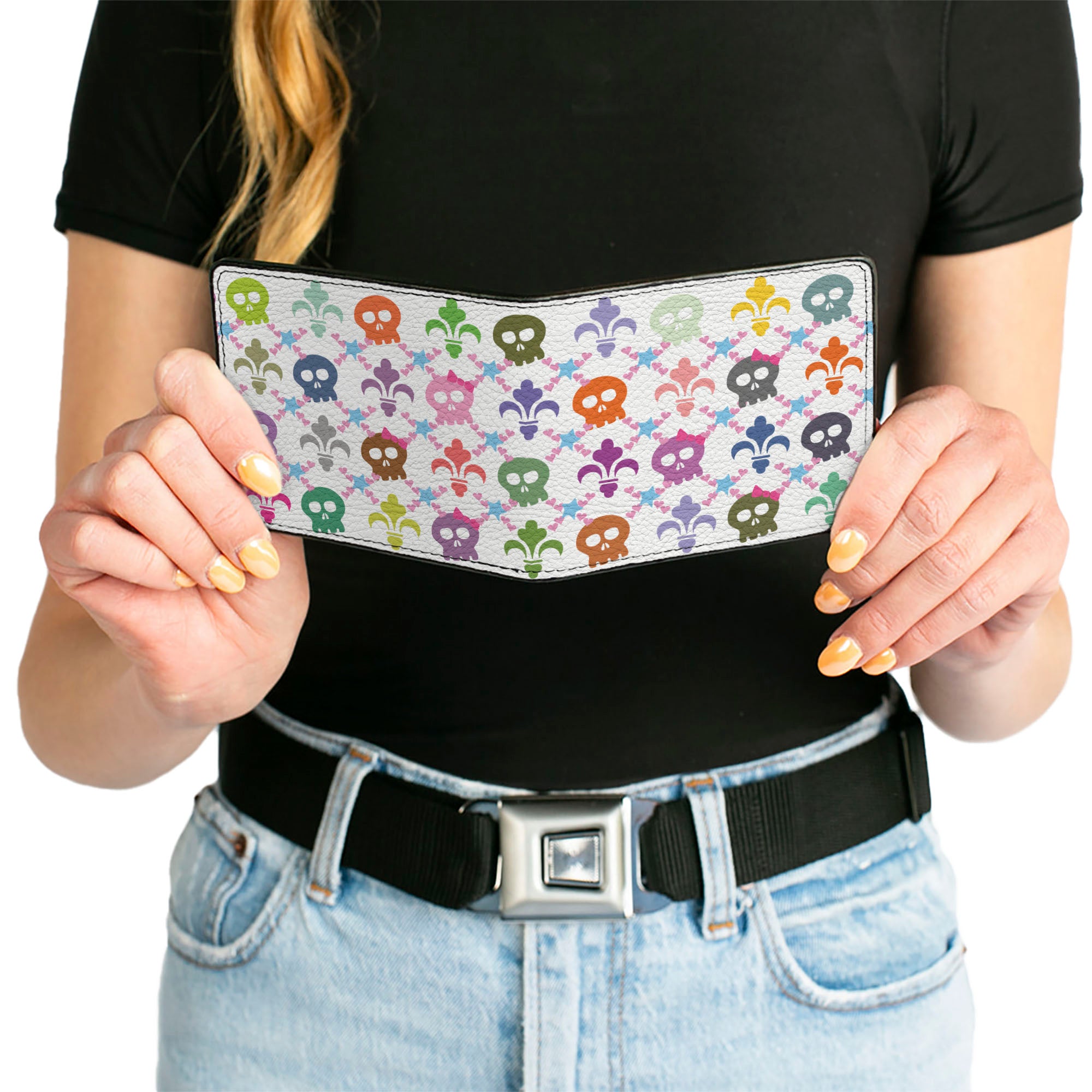 Bi-Fold Wallet - Skull & Fleur-de-Lis White Multi Color Bi-Fold Wallets Buckle-Down