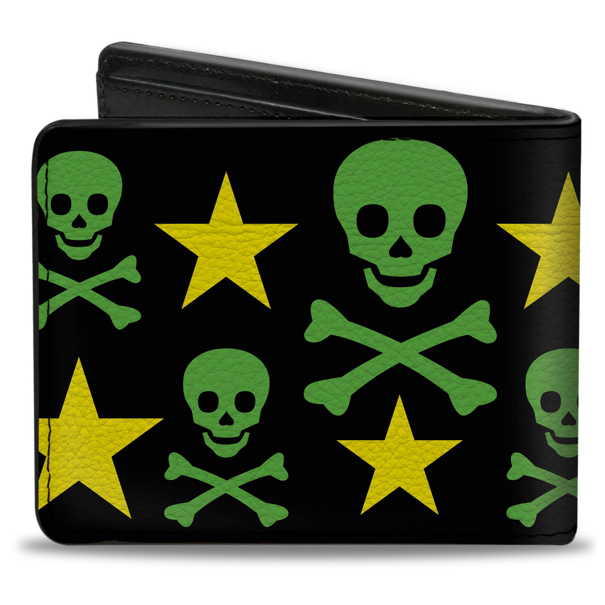 Bi-Fold Wallet - Skulls & Stars Black Green Yellow Bi-Fold Wallets Buckle-Down