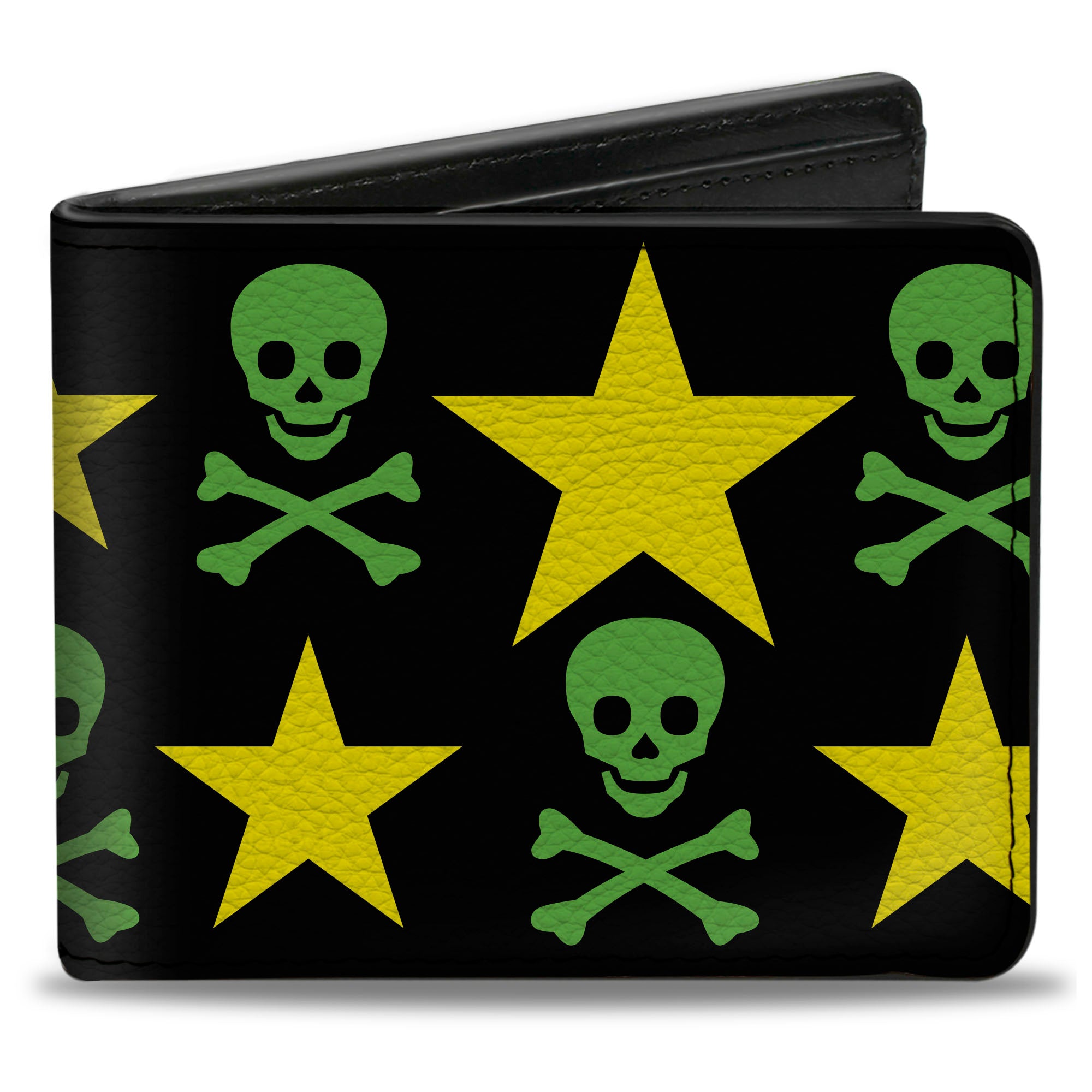 Bi-Fold Wallet - Skulls & Stars Black Green Yellow Bi-Fold Wallets Buckle-Down
