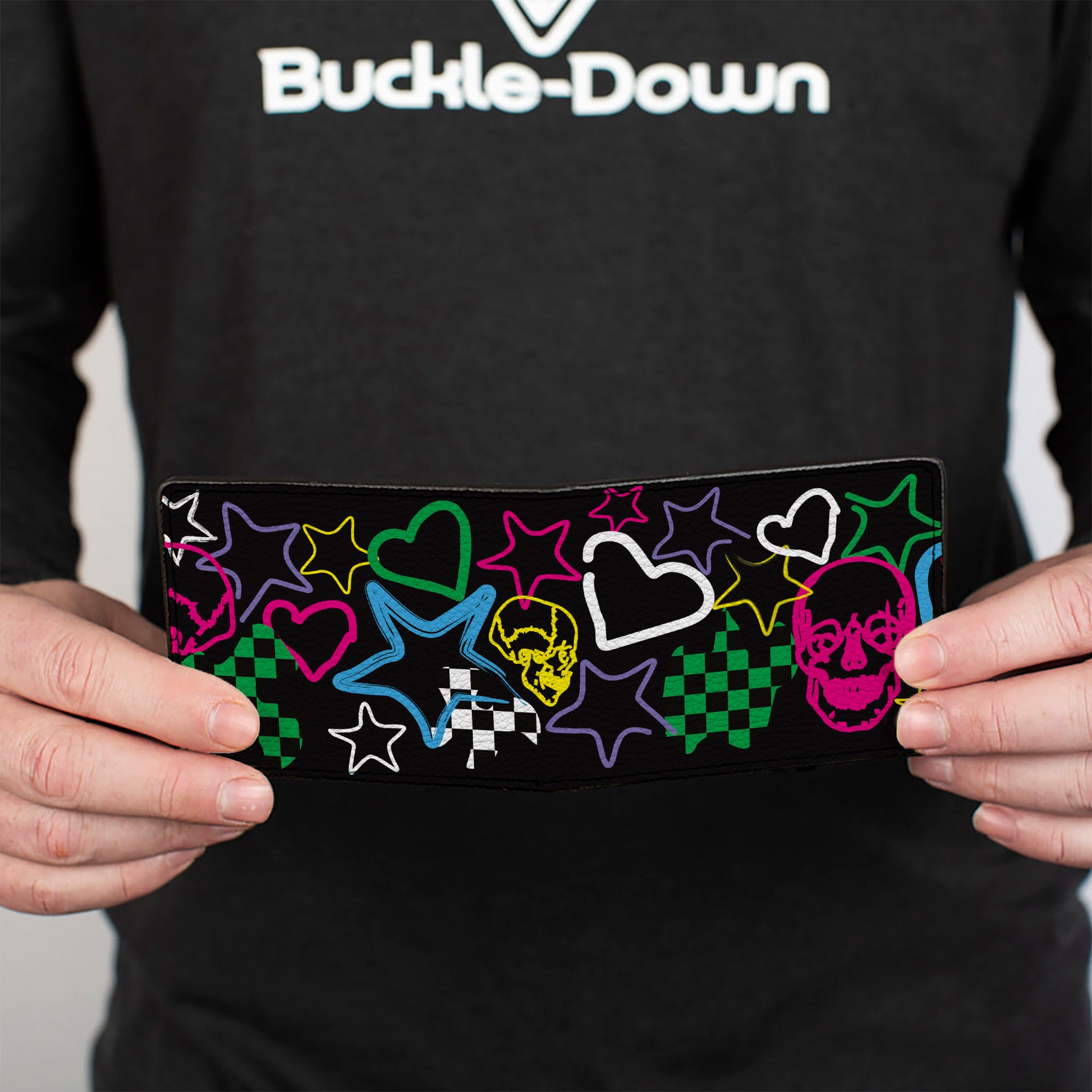 Bi-Fold Wallet - Sketch Skull Star Heart Checker Black Multi Color Bi-Fold Wallets Buckle-Down