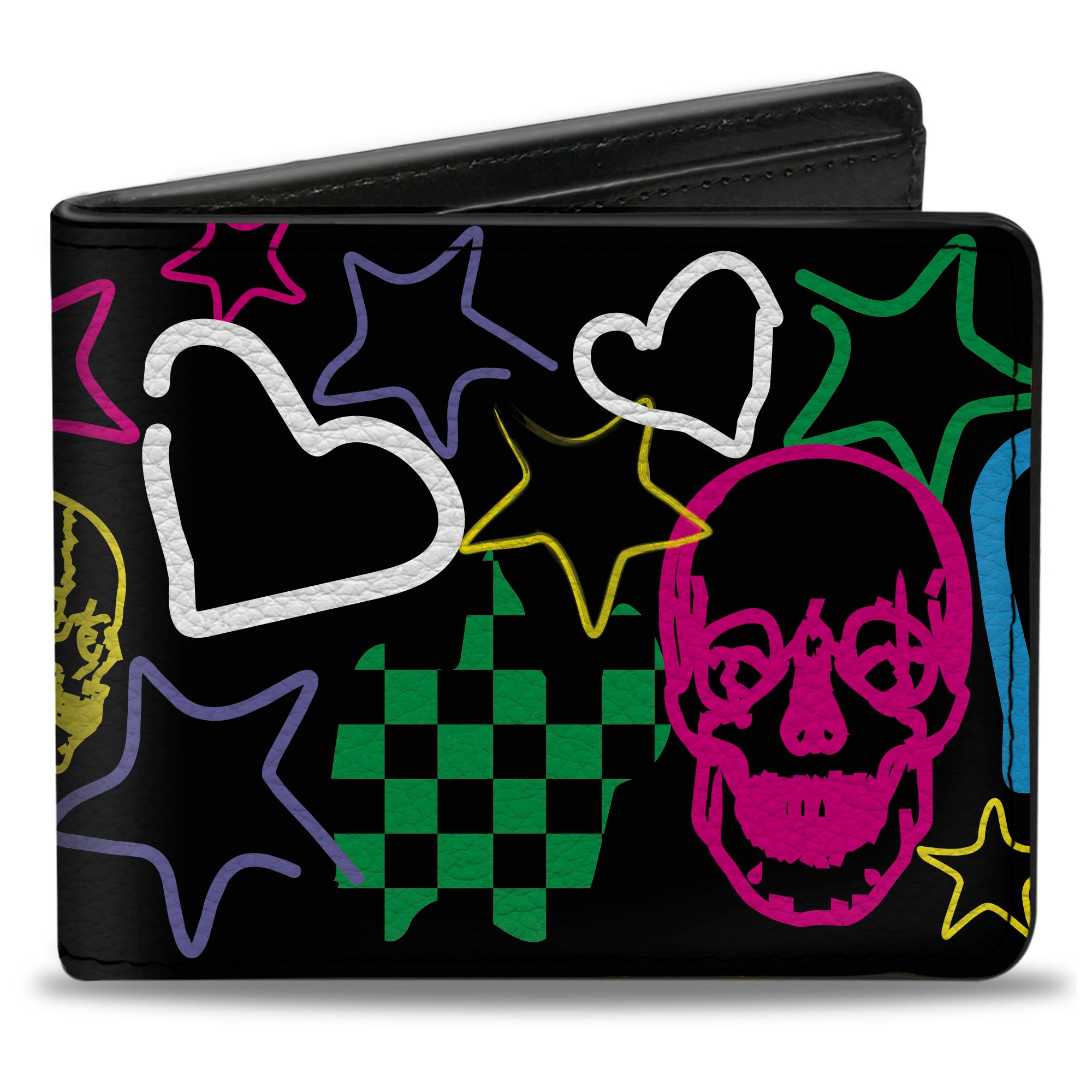 Bi-Fold Wallet - Sketch Skull Star Heart Checker Black Multi Color Bi-Fold Wallets Buckle-Down