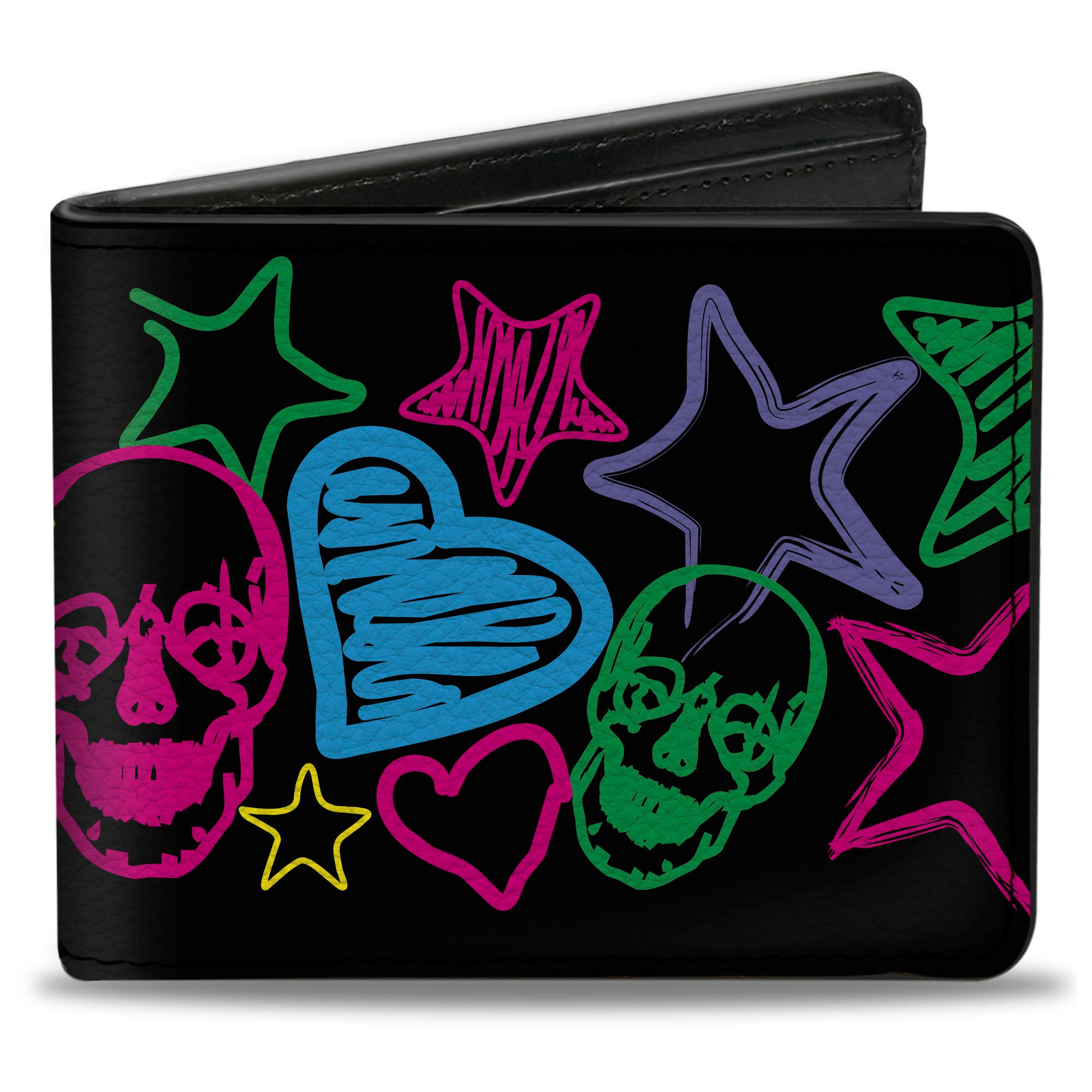 Bi-Fold Wallet - Sketch Skull Star Heart White Multi Color Bi-Fold Wallets Buckle-Down