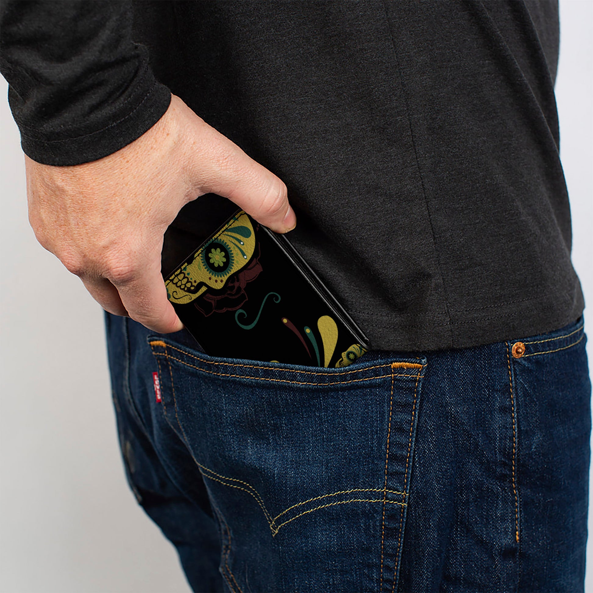 Bi-Fold Wallet - Sugar Skulls Black Olive Burgundy Bi-Fold Wallets Buckle-Down