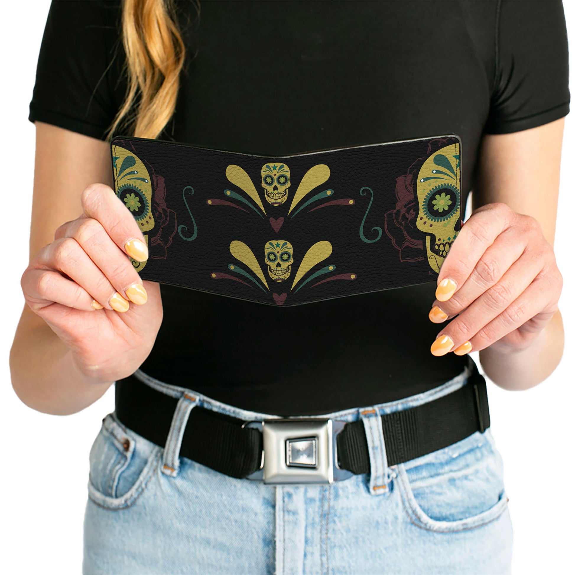 Bi-Fold Wallet - Sugar Skulls Black Olive Burgundy Bi-Fold Wallets Buckle-Down