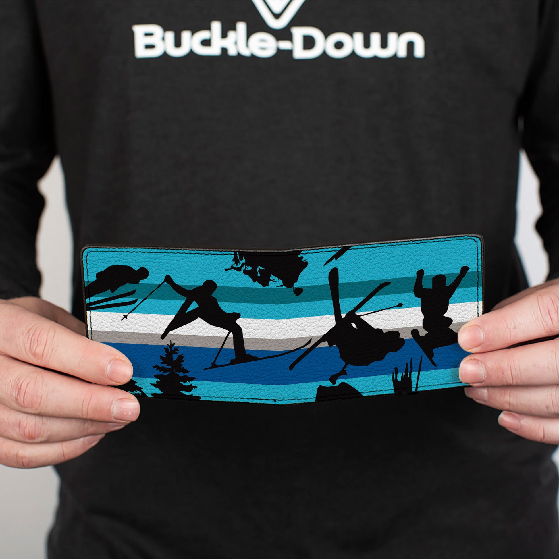 Bi-Fold Wallet - Action Ski Pose Tree Silhouettes Stripes Blues Black Bi-Fold Wallets Buckle-Down
