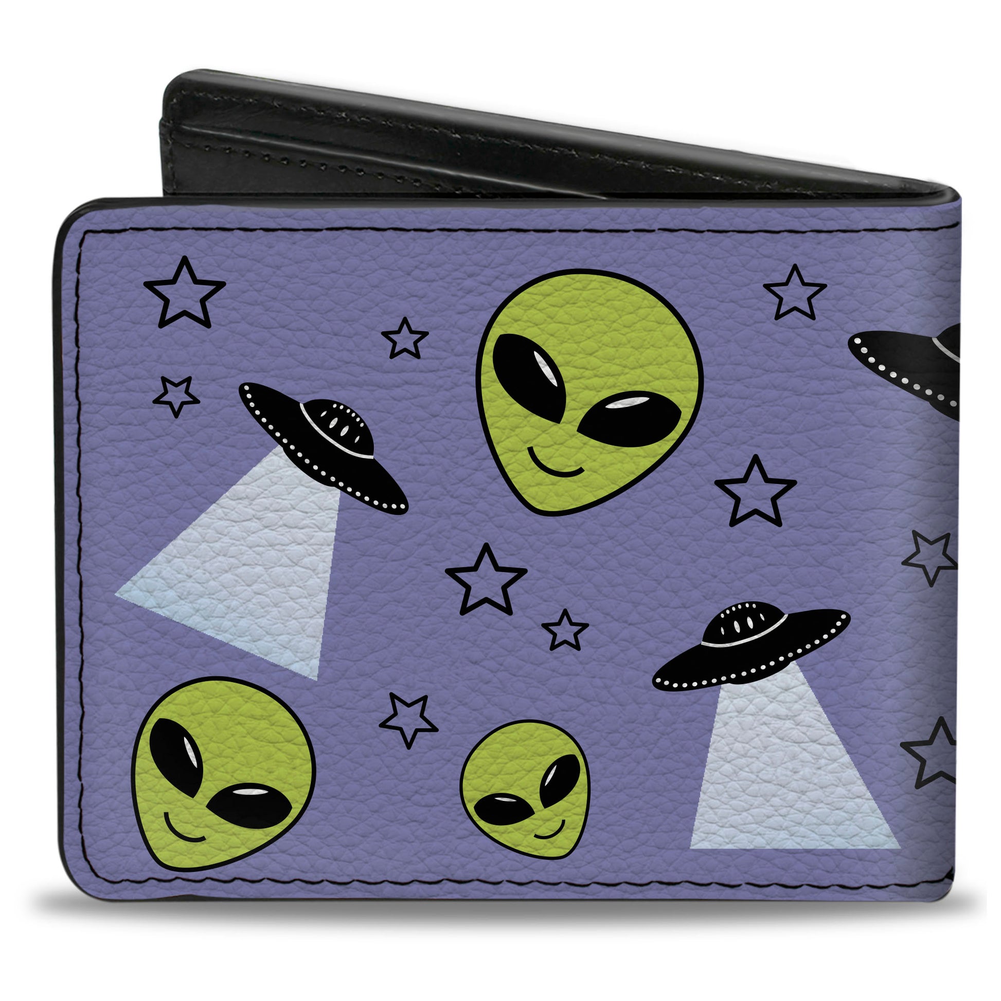 Bi-Fold Wallet - Alien Head Stars UFO's Scattered Lavender Black Green Bi-Fold Wallets Buckle-Down