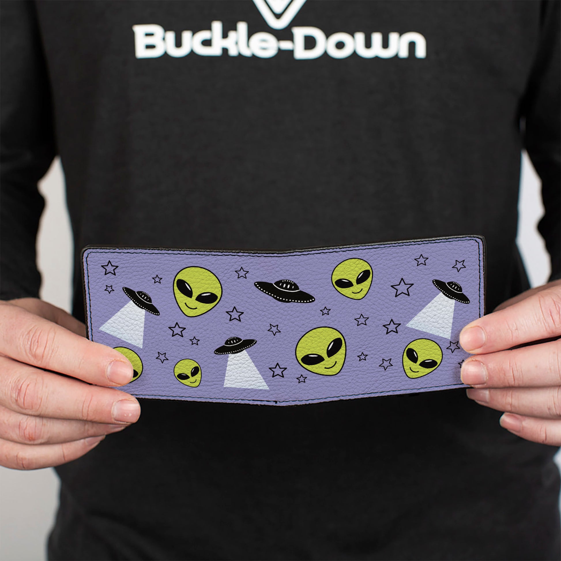 Bi-Fold Wallet - Alien Head Stars UFO's Scattered Lavender Black Green Bi-Fold Wallets Buckle-Down
