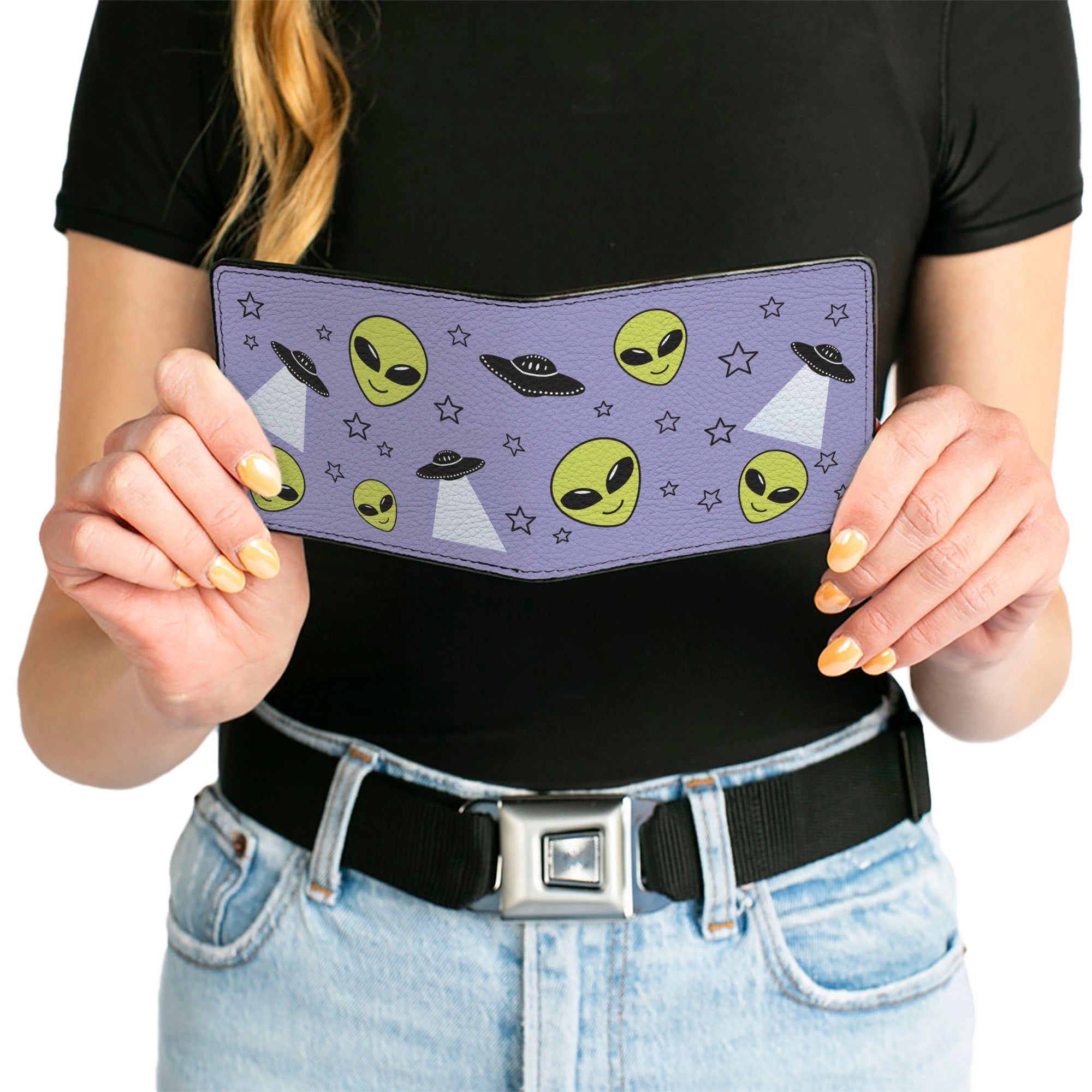 Bi-Fold Wallet - Alien Head Stars UFO's Scattered Lavender Black Green Bi-Fold Wallets Buckle-Down