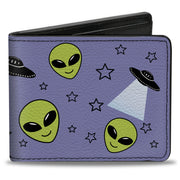 Bi-Fold Wallet - Alien Head Stars UFO's Scattered Lavender Black Green Bi-Fold Wallets Buckle-Down