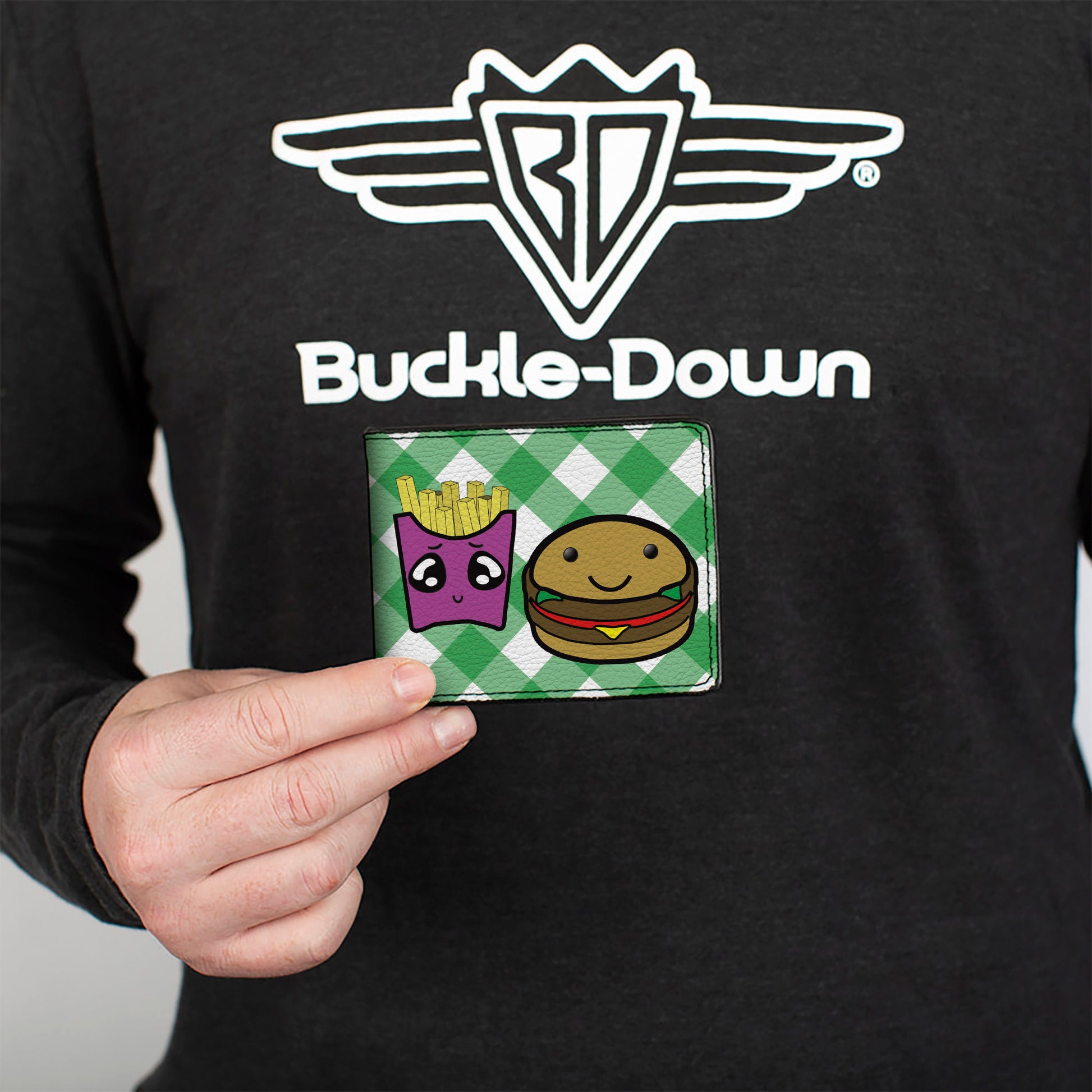 Bi-Fold Wallet - Burger & Fries Cartoon Straight Green Tablecloth Bi-Fold Wallets Buckle-Down