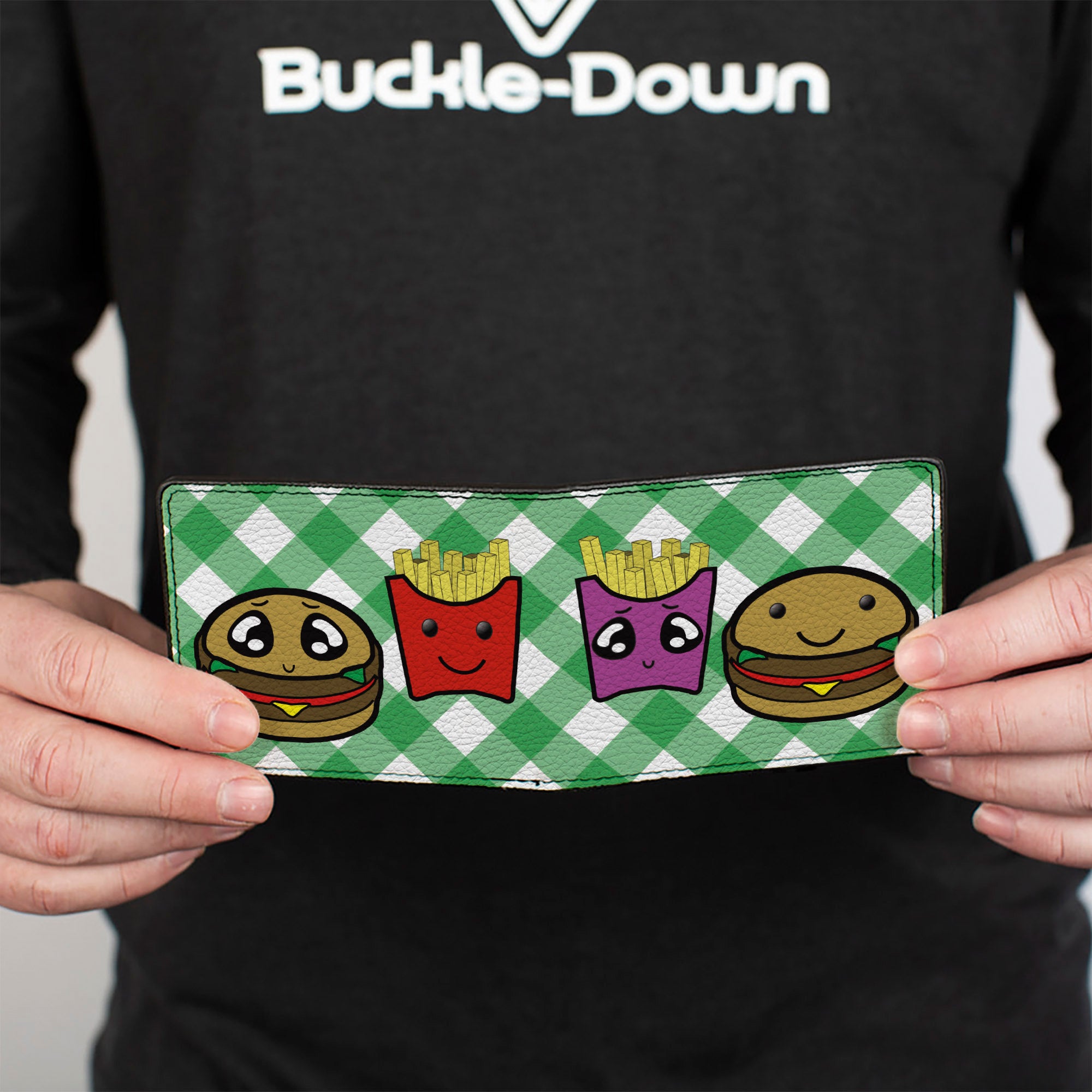 Bi-Fold Wallet - Burger & Fries Cartoon Straight Green Tablecloth Bi-Fold Wallets Buckle-Down