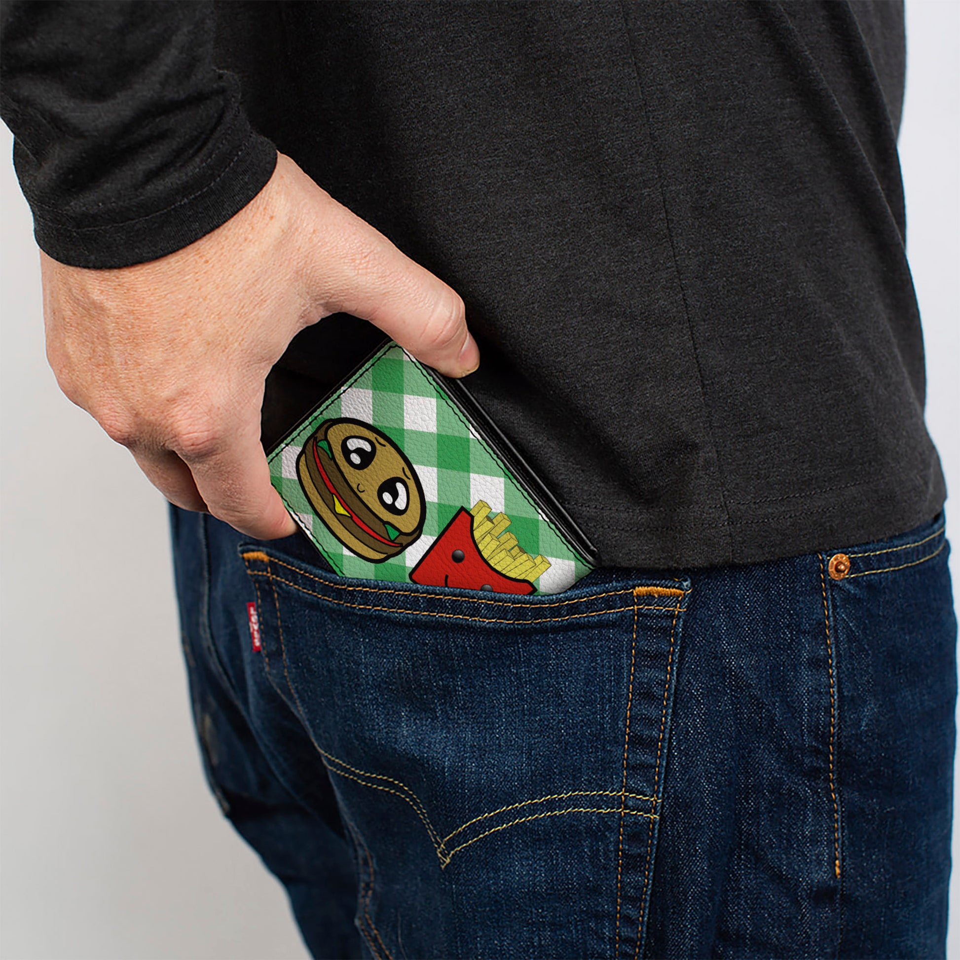 Bi-Fold Wallet - Burger & Fries Cartoon Straight Green Tablecloth Bi-Fold Wallets Buckle-Down