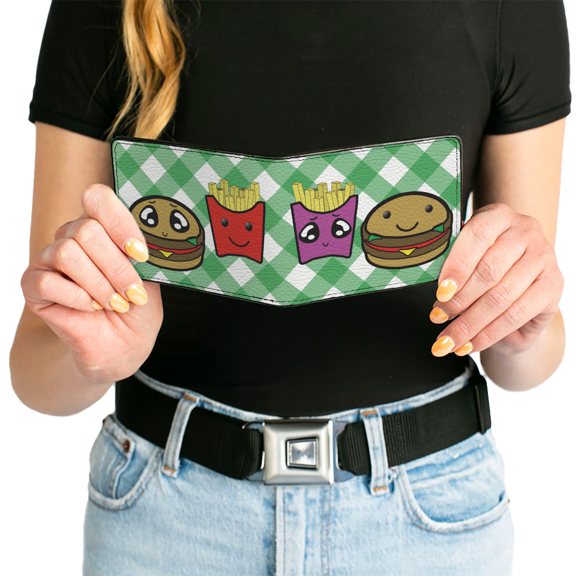 Bi-Fold Wallet - Burger & Fries Cartoon Straight Green Tablecloth Bi-Fold Wallets Buckle-Down
