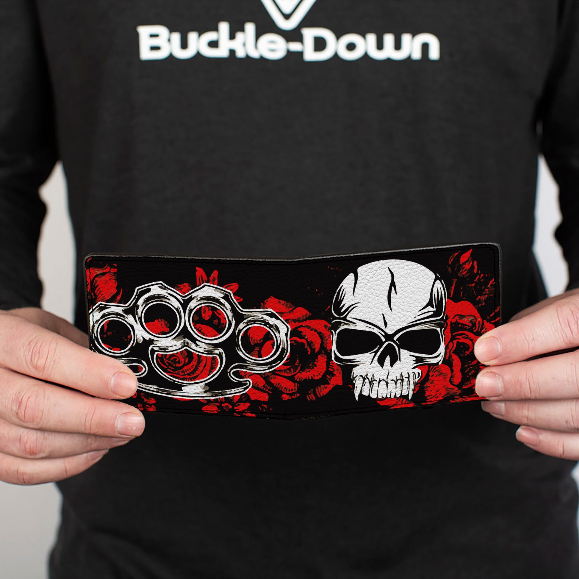 Bi-Fold Wallet - Brass Knuckles Skulls Roses Black Red White Bi-Fold Wallets Buckle-Down