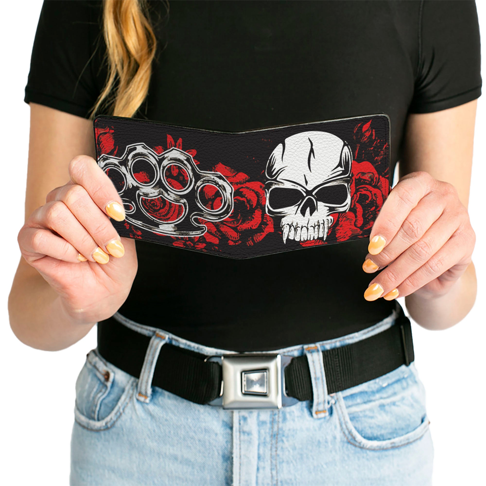 Bi-Fold Wallet - Brass Knuckles Skulls Roses Black Red White Bi-Fold Wallets Buckle-Down