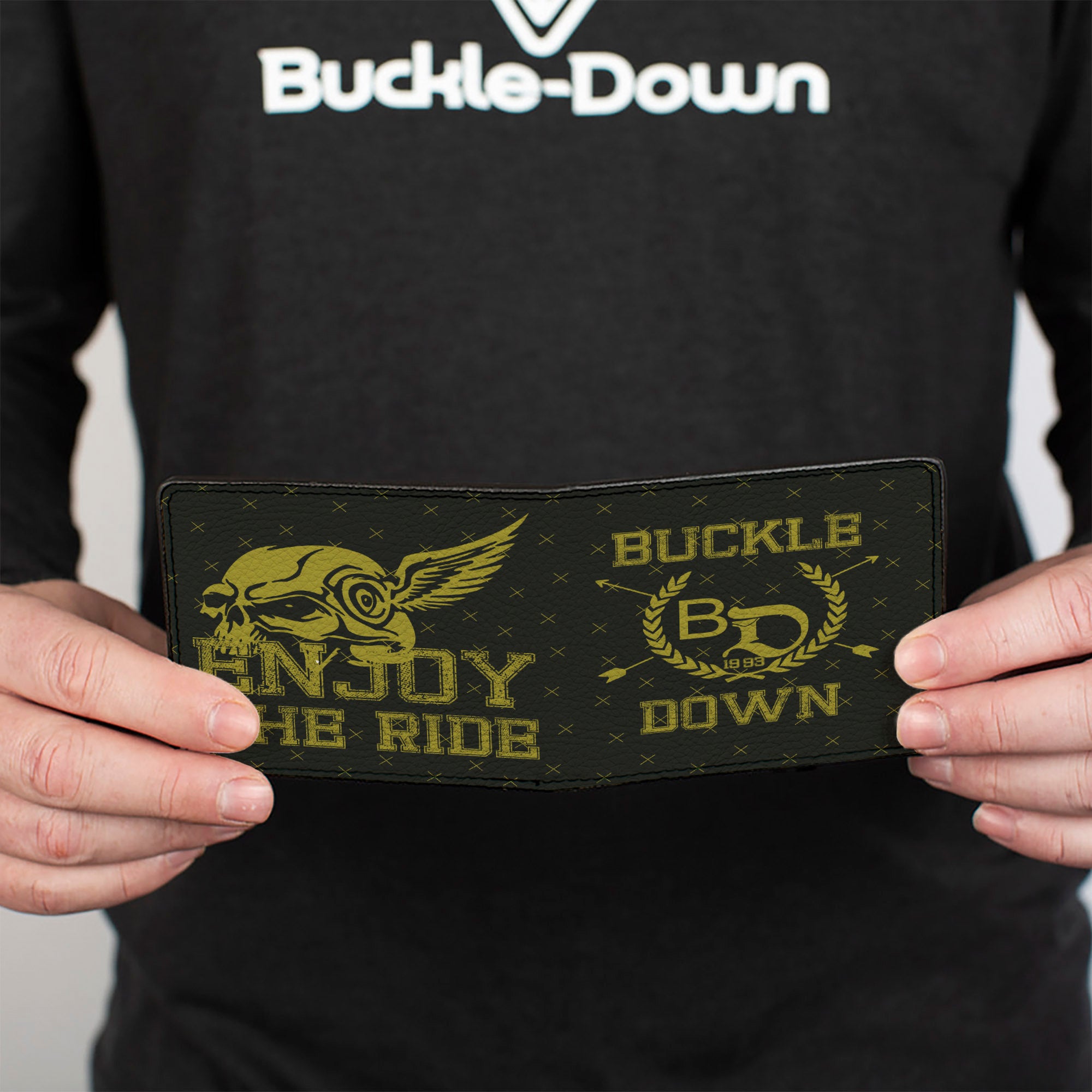 Bi-Fold Wallet - Buckle-Down Winged Skull ENJOY THE RIDE Olive Lime Green Bi-Fold Wallets Buckle-Down