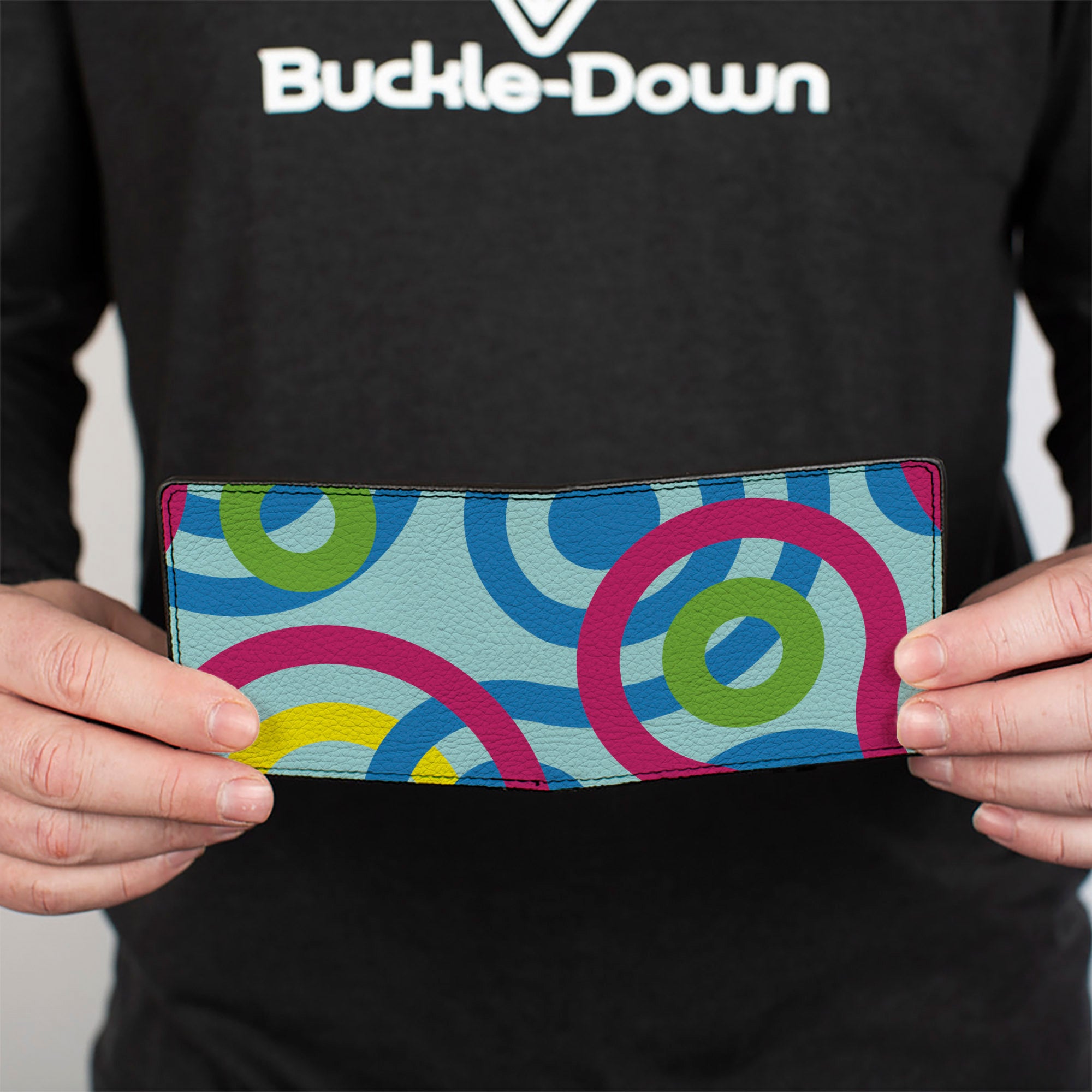 Bi-Fold Wallet - Bullseye Stacked Swirl Blues Green Yellow Pink Bi-Fold Wallets Buckle-Down