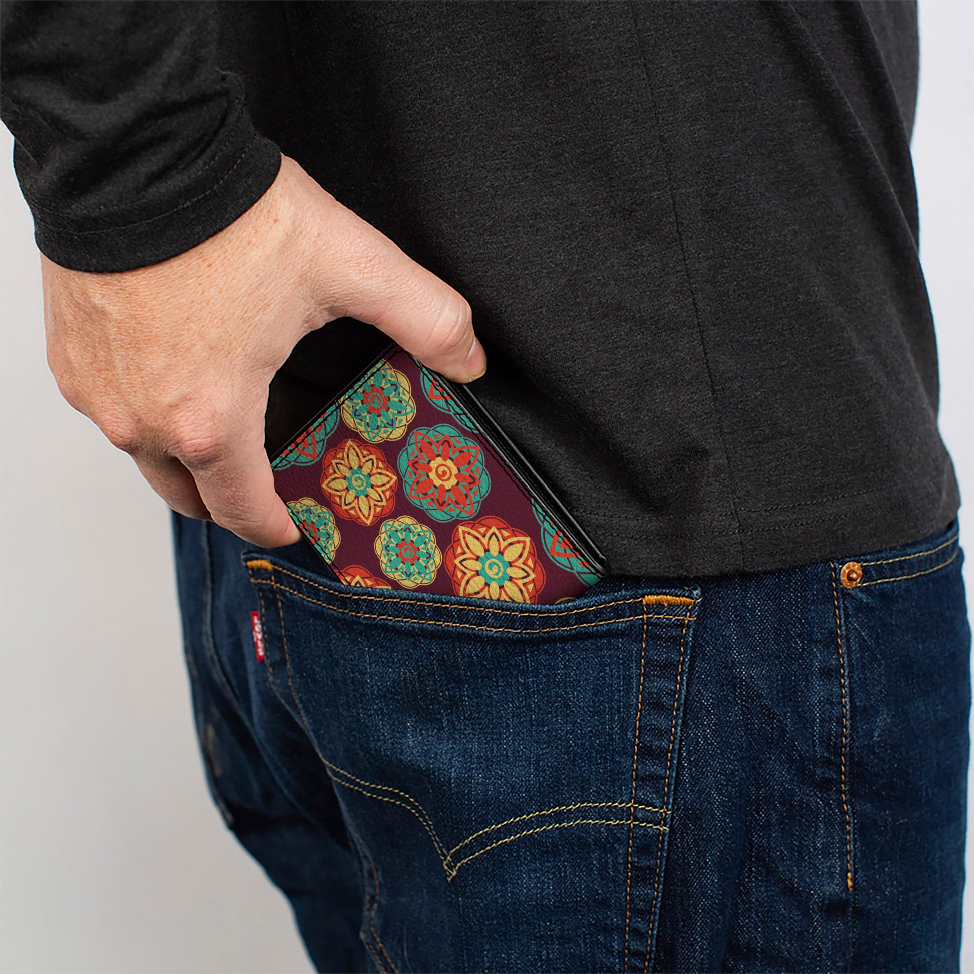Bi-Fold Wallet - Boho Mandala Burgundy Yellow Turquoise Orange Bi-Fold Wallets Buckle-Down
