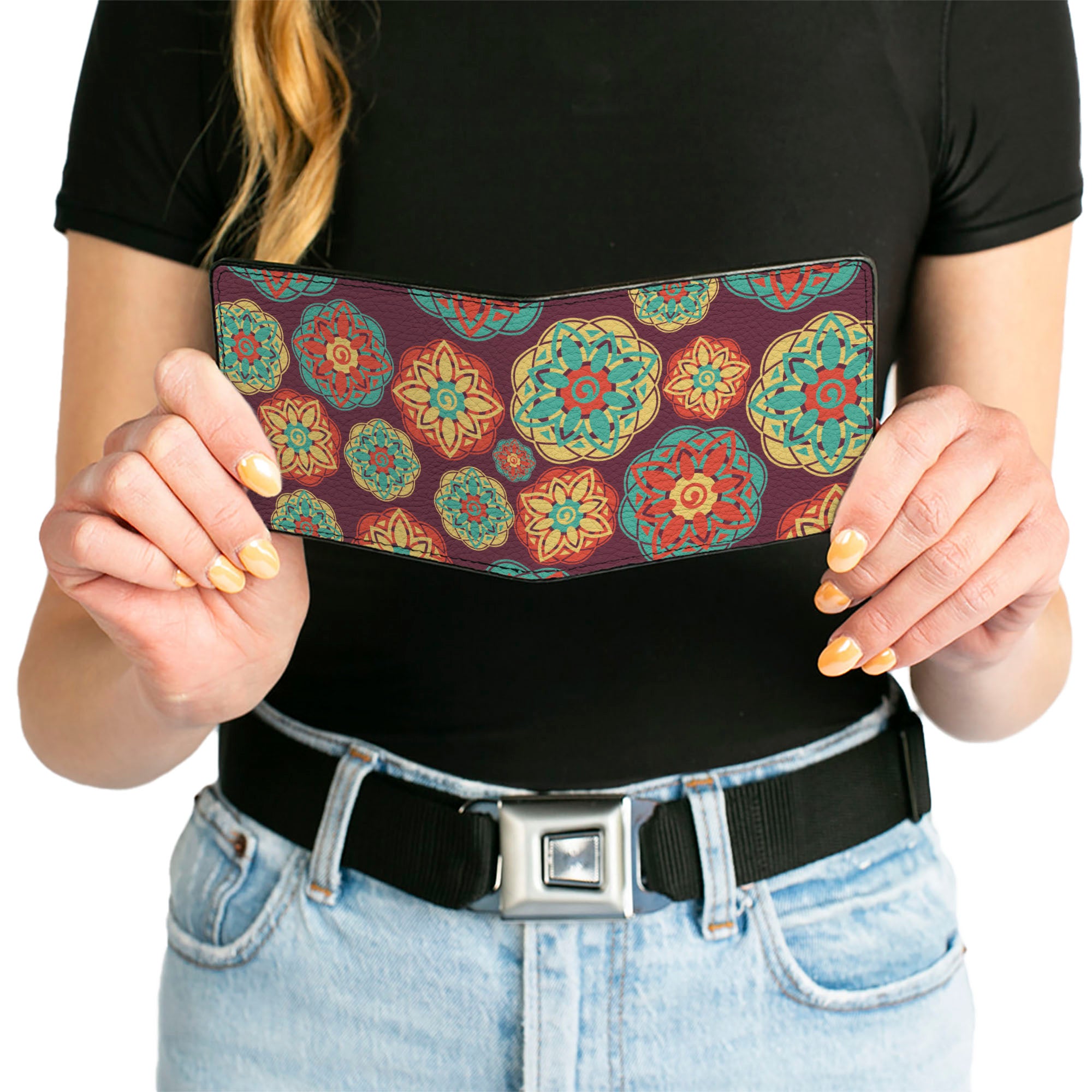 Bi-Fold Wallet - Boho Mandala Burgundy Yellow Turquoise Orange Bi-Fold Wallets Buckle-Down