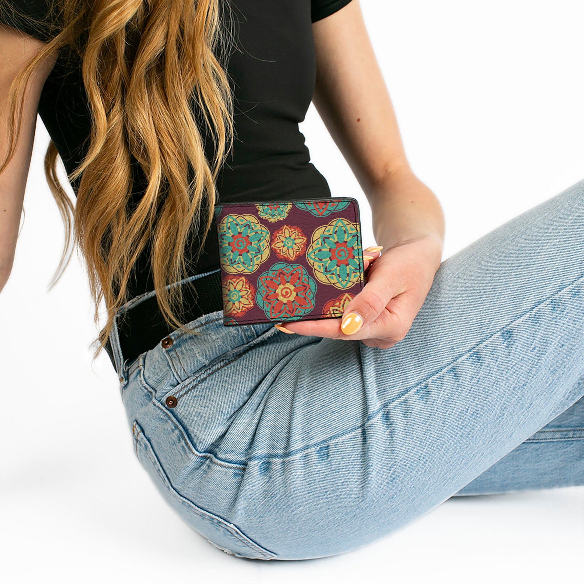 Bi-Fold Wallet - Boho Mandala Burgundy Yellow Turquoise Orange Bi-Fold Wallets Buckle-Down