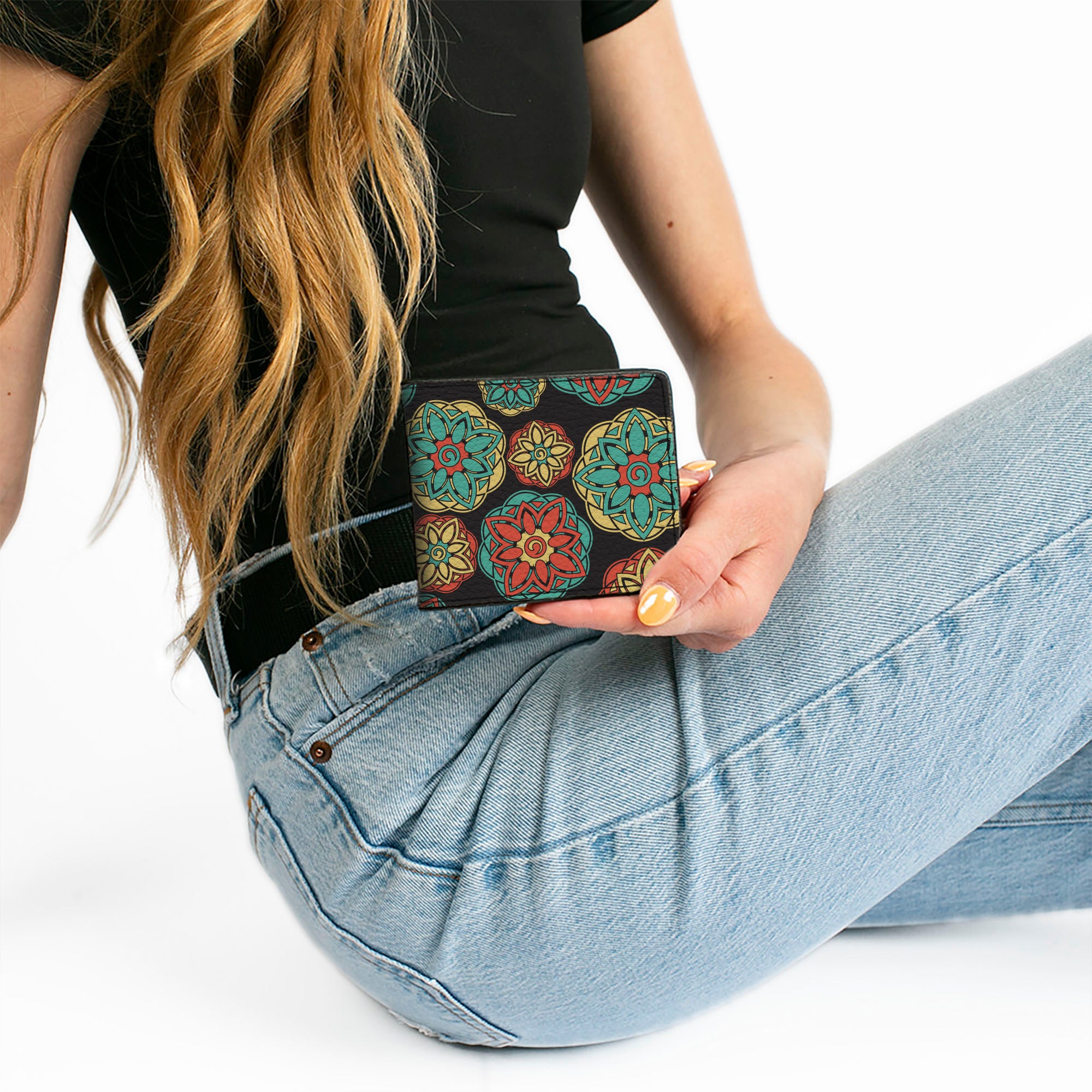Bi-Fold Wallet - Boho Mandala Black Yellow Turquoise Orange Bi-Fold Wallets Buckle-Down