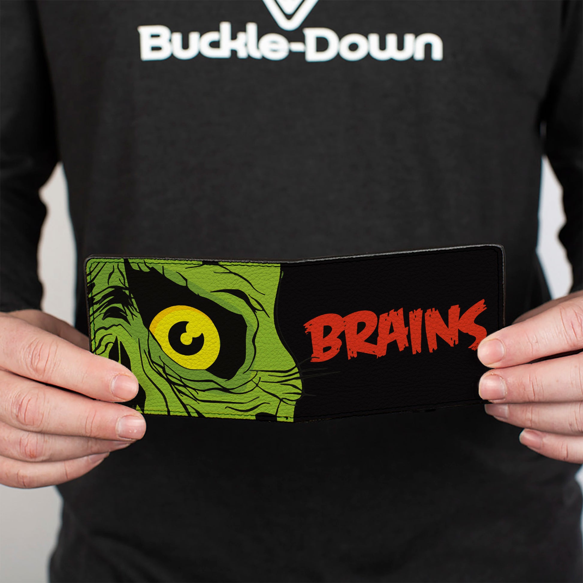 Bi-Fold Wallet - BRAINS Zombie Face CLOSE-UP Black Red Green Yellow Bi-Fold Wallets Buckle-Down