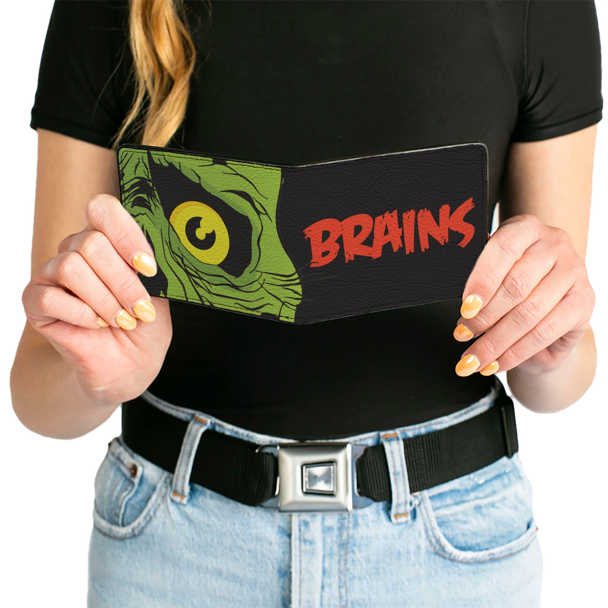 Bi-Fold Wallet - BRAINS Zombie Face CLOSE-UP Black Red Green Yellow Bi-Fold Wallets Buckle-Down