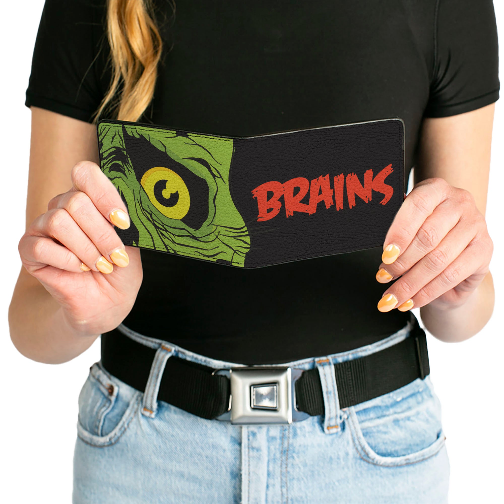 Bi-Fold Wallet - BRAINS Zombie Face CLOSE-UP Black Red Green Yellow Bi-Fold Wallets Buckle-Down