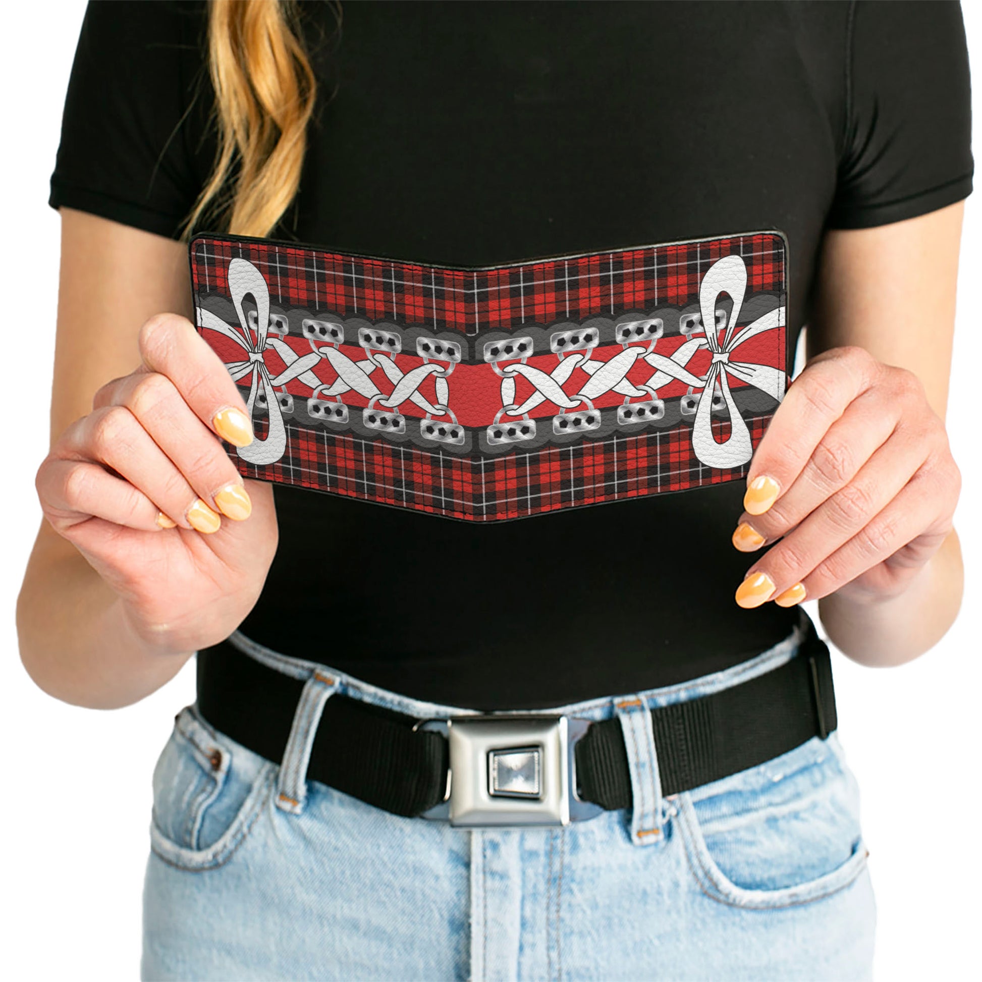 Bi-Fold Wallet - Corset Lace Up w Bow Red Plaid Red Bi-Fold Wallets Buckle-Down