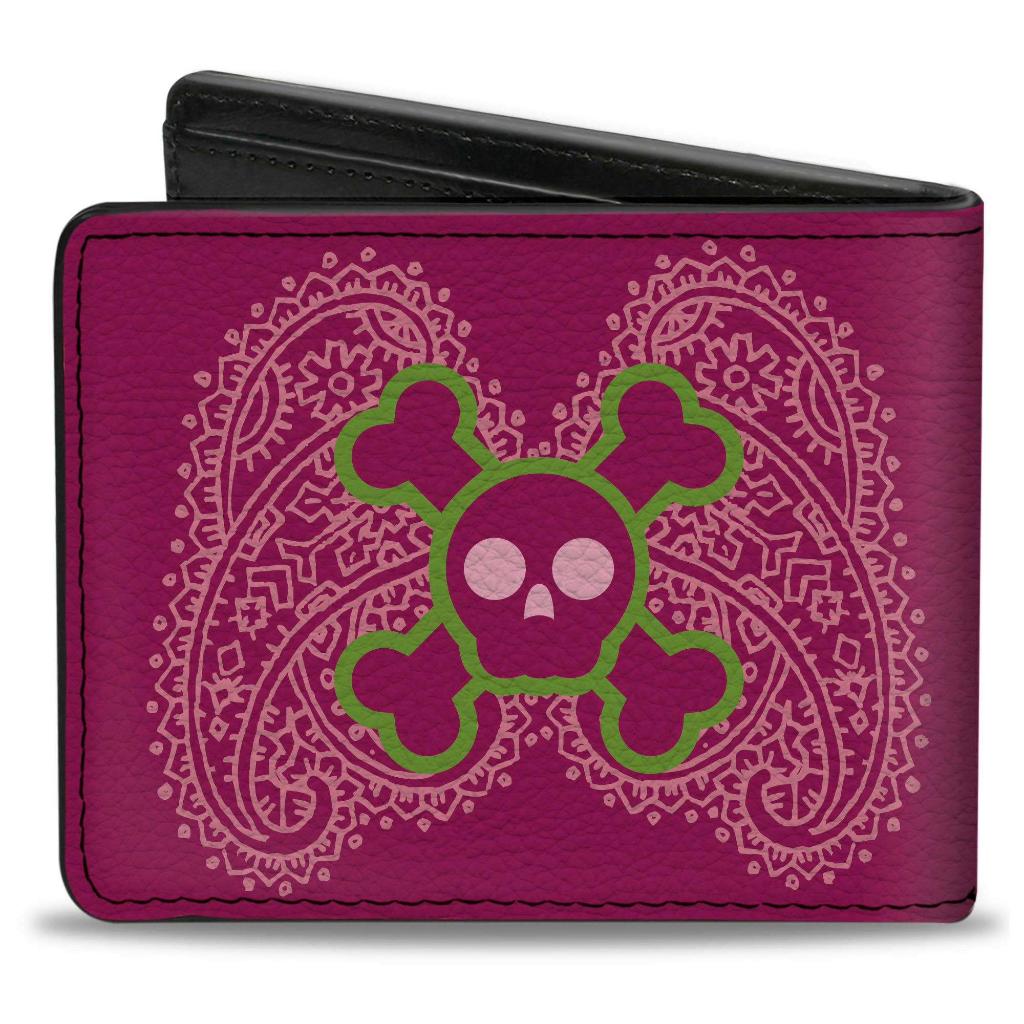 Bi-Fold Wallet - Cute Skulls w Paisley Purple Pink Green Bi-Fold Wallets Buckle-Down
