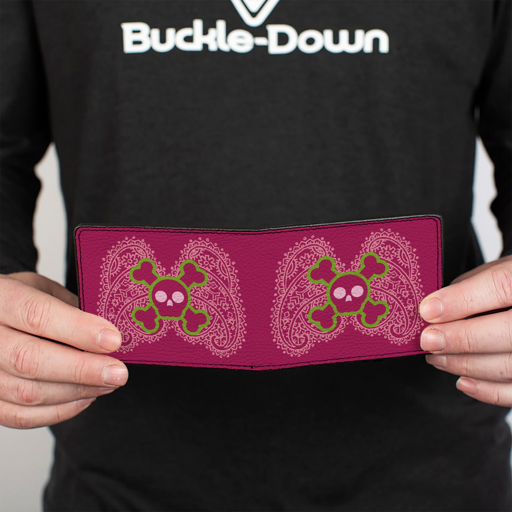 Bi-Fold Wallet - Cute Skulls w Paisley Purple Pink Green Bi-Fold Wallets Buckle-Down
